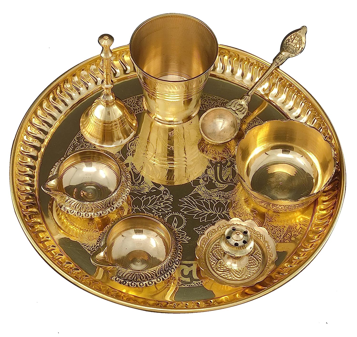 BENGALEN Brass Pooja Thali Set 8 Inch with Pital Plate Glass Nag Archmini Spoon Ghanti Kuber Diya Dhup Dan Bowl Puja Thali for Diwali Home Mandir Office