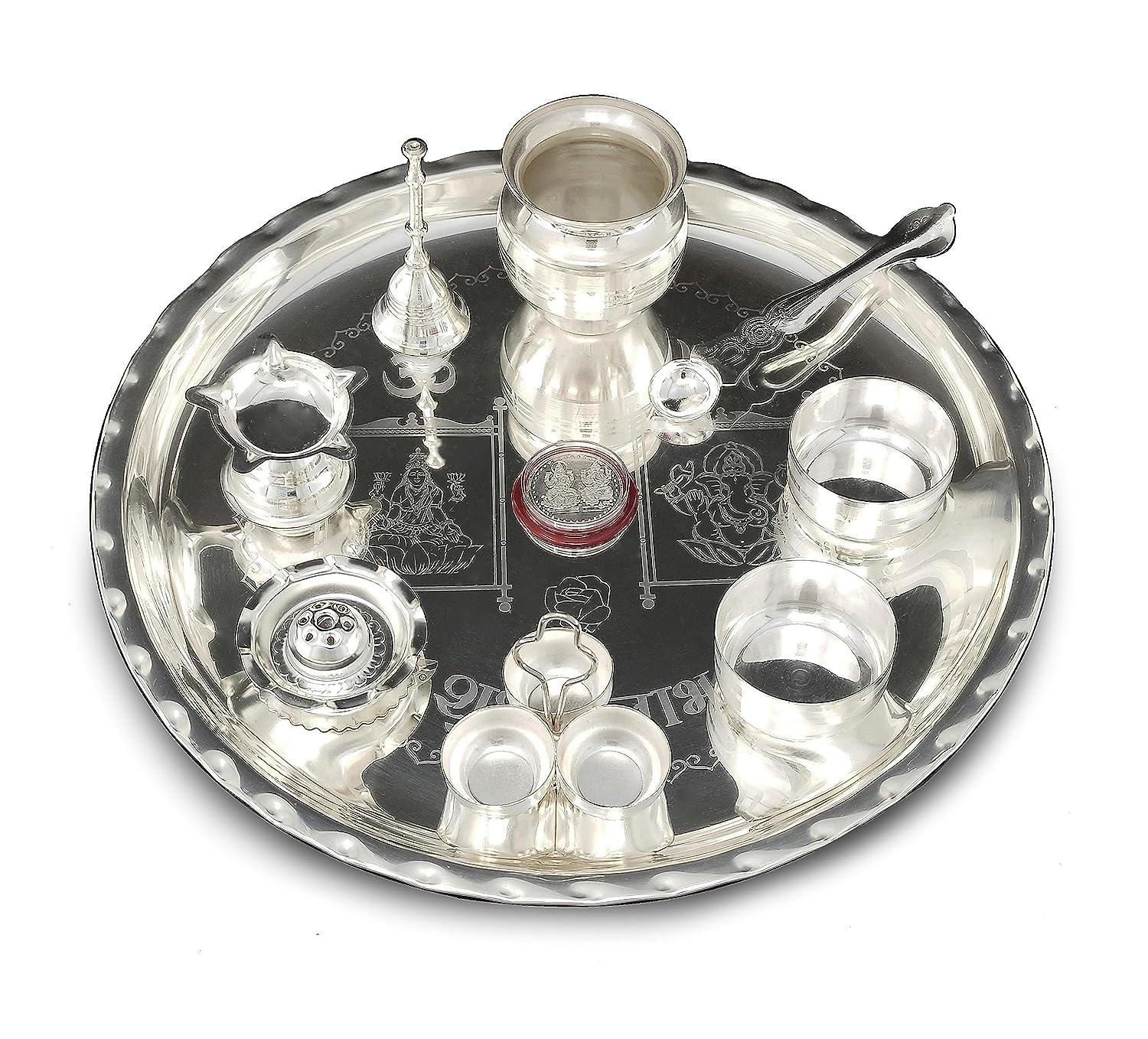 BENGALEN 12 Inch Silver Plated Pooja Thali Set with Accessories Daily Puja Decorative Gifts for Home Office Mandir Diwali Wedding Return Gift Items