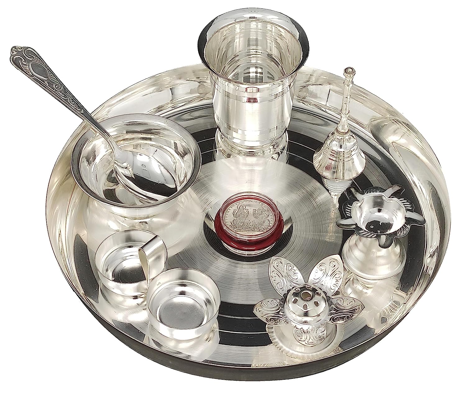 BENGALEN Silver Plated Pooja thali Set 9 Inch with Plate Bowl Agarbatti Stand Diya Kumkum Holder Coin Puja Thali for Home Mandir Office Wedding Return Diwali Gift Items