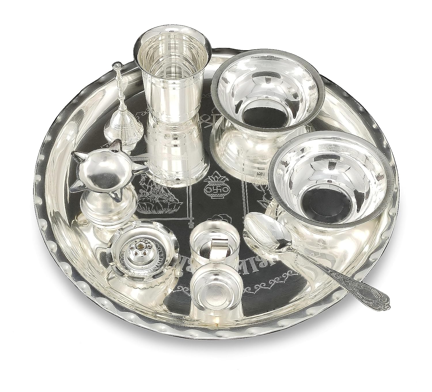 BENGALEN 12 Inch Silver Plated Pooja Thali Set with Accessories Daily Puja Decorative Gifts for Home Office Mandir Diwali Wedding Return Gift Items