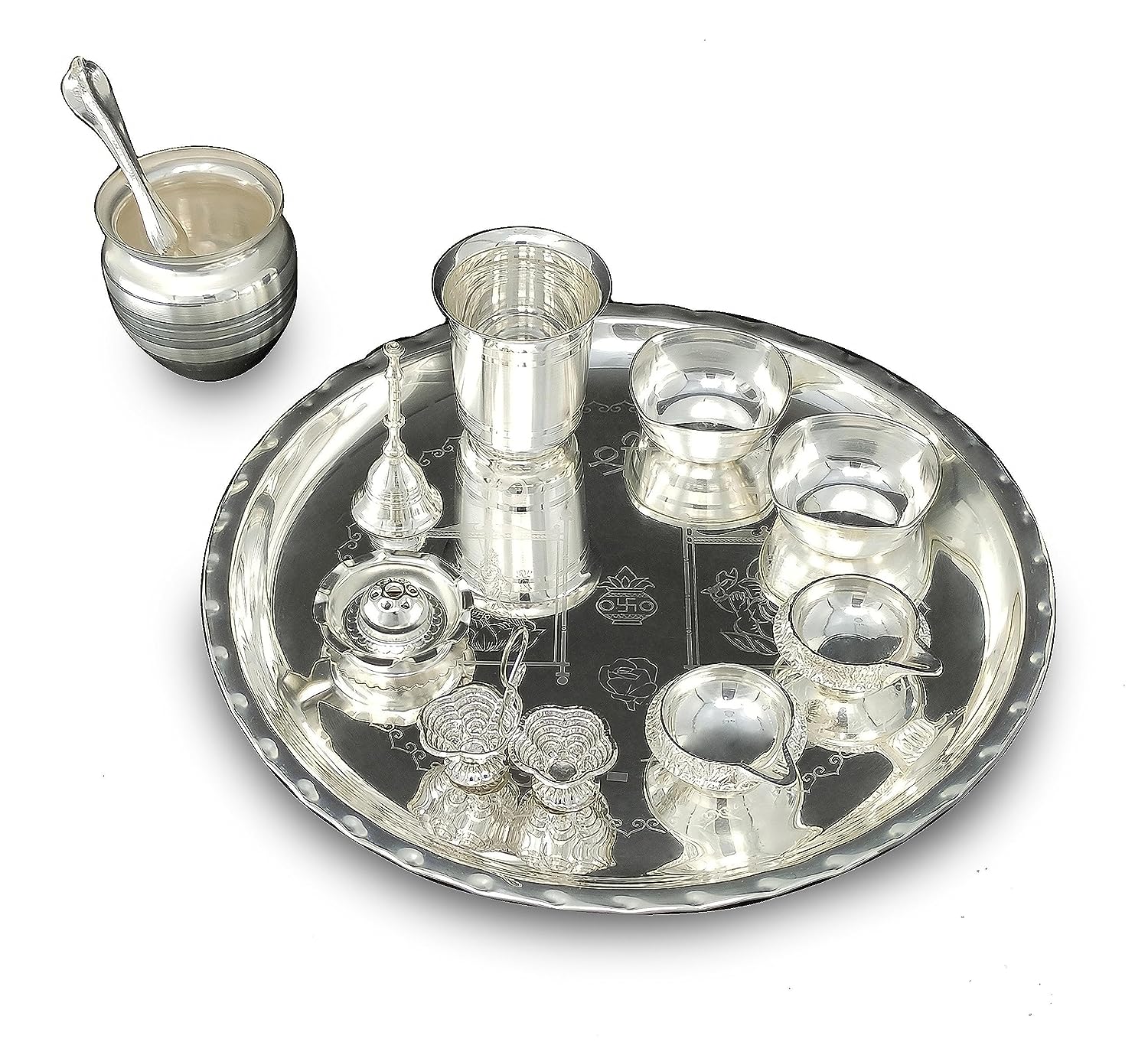 BENGALEN 12 Inch Silver Plated Pooja Thali Set with Accessories Daily Puja Decorative Gifts for Home Office Mandir Diwali Wedding Return Gift Items