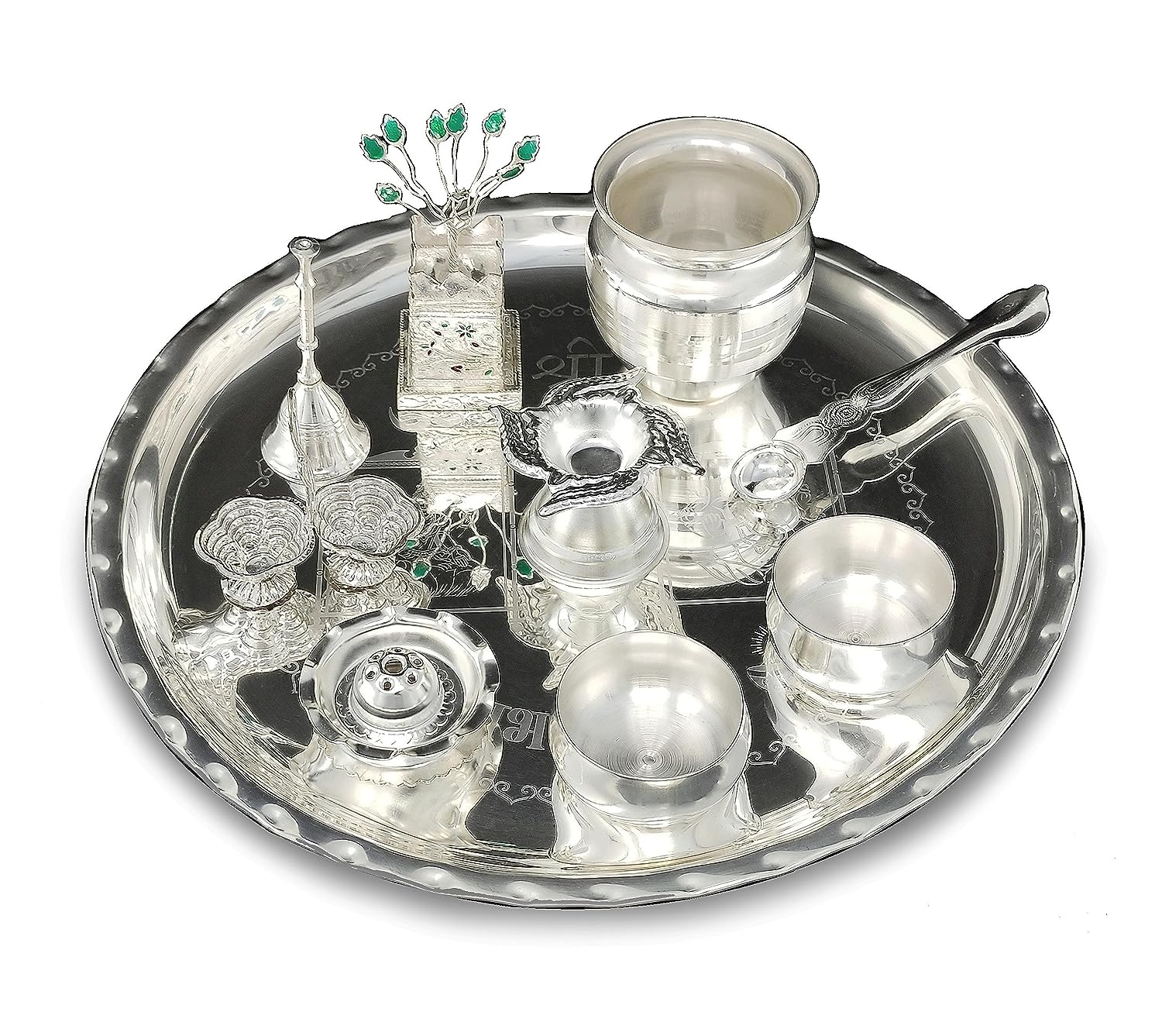 BENGALEN 12 Inch Silver Plated Pooja Thali Set with Accessories Daily Puja Decorative Gifts for Home Office Mandir Diwali Wedding Return Gift Items