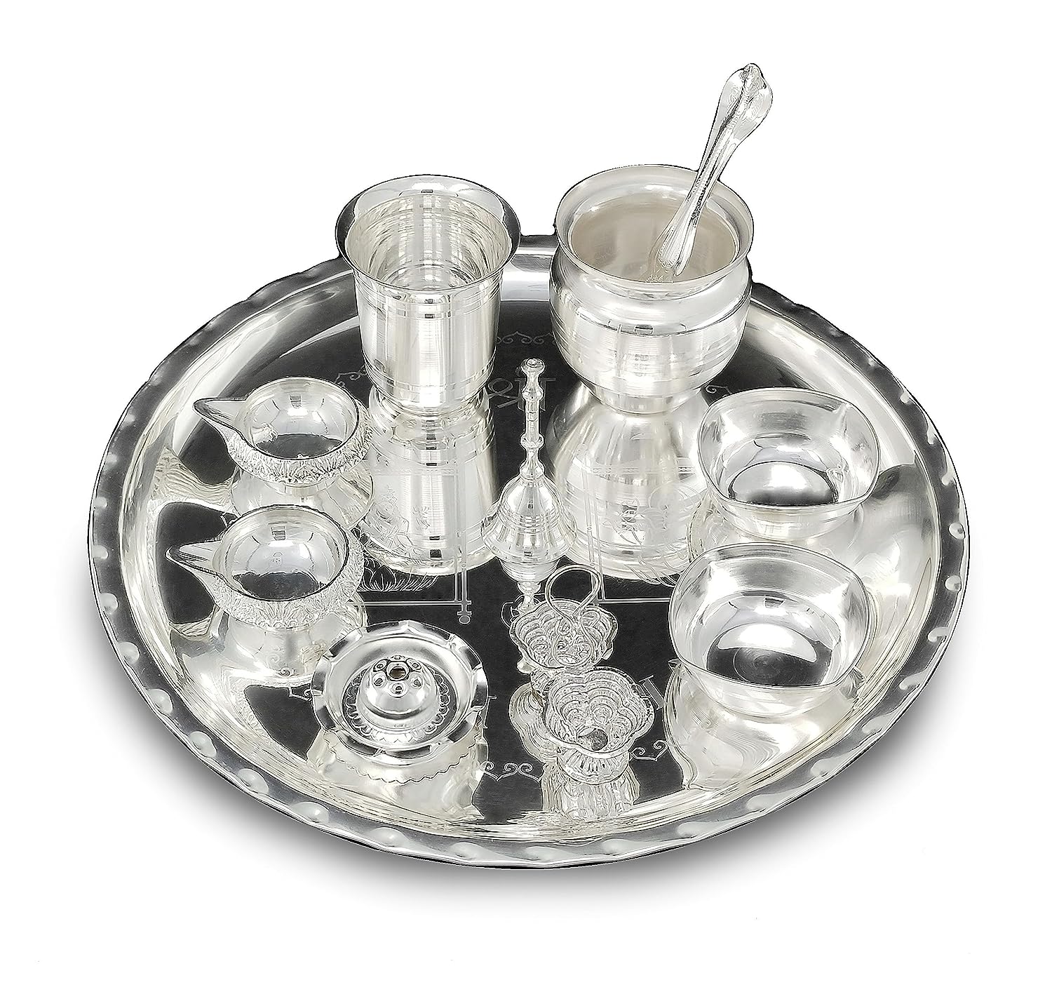 BENGALEN 12 Inch Silver Plated Pooja Thali Set with Accessories Daily Puja Decorative Gifts for Home Office Mandir Diwali Wedding Return Gift Items