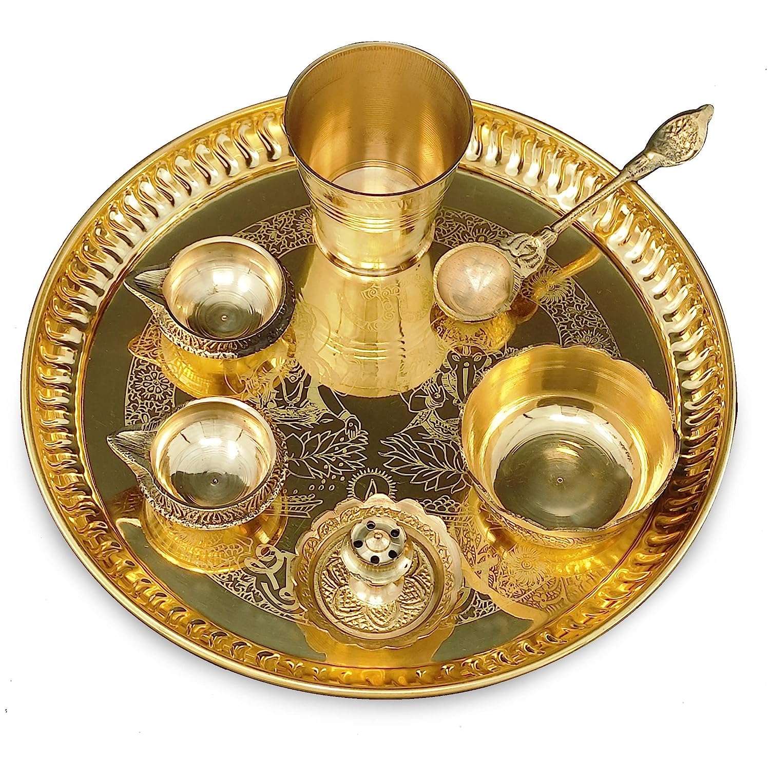BENGALEN Brass Pooja Thali Set 8 Inch with Pital Plate Glass Nag Archmini Spoon Kuber Diya Dhup Dan Puja Thali for Diwali Home Mandir Office Wedding Return Gift Items