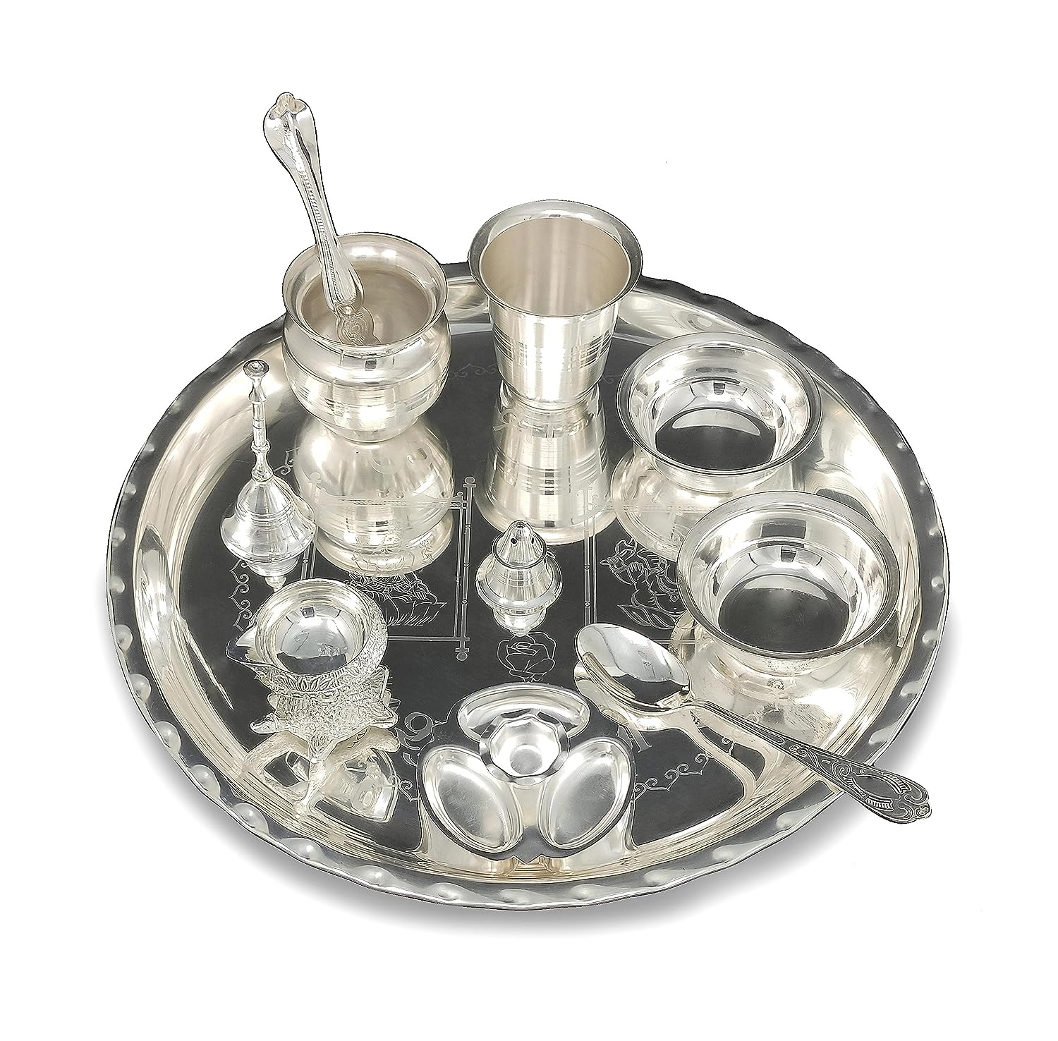 BENGALEN 12 Inch Silver Plated Pooja Thali Set with Accessories Daily Puja Decorative Gifts for Home Office Mandir Diwali Wedding Return Gift Items