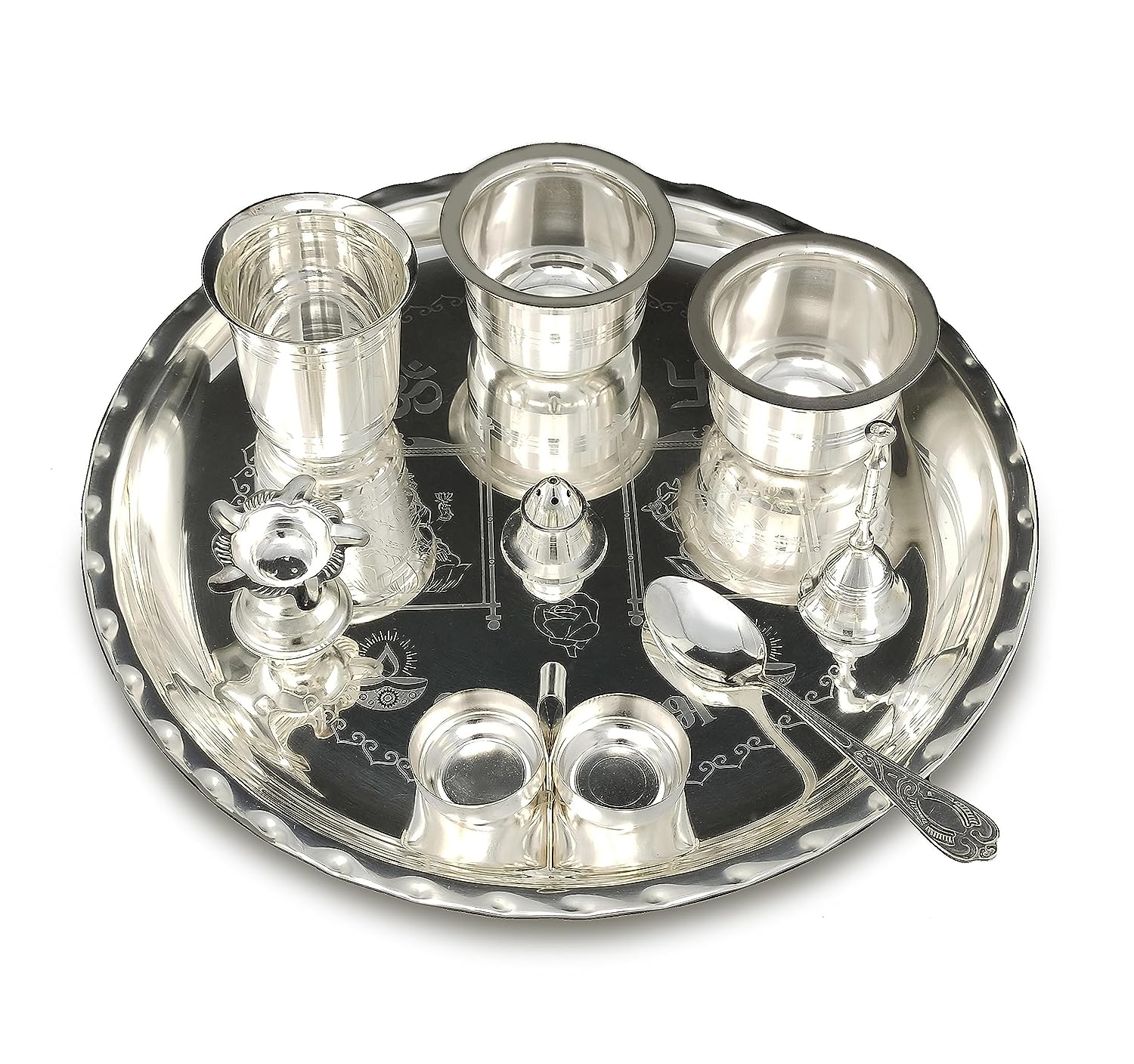 BENGALEN 12 Inch Silver Plated Pooja Thali Set with Accessories Daily Puja Decorative Gifts for Home Office Mandir Diwali Wedding Return Gift Items