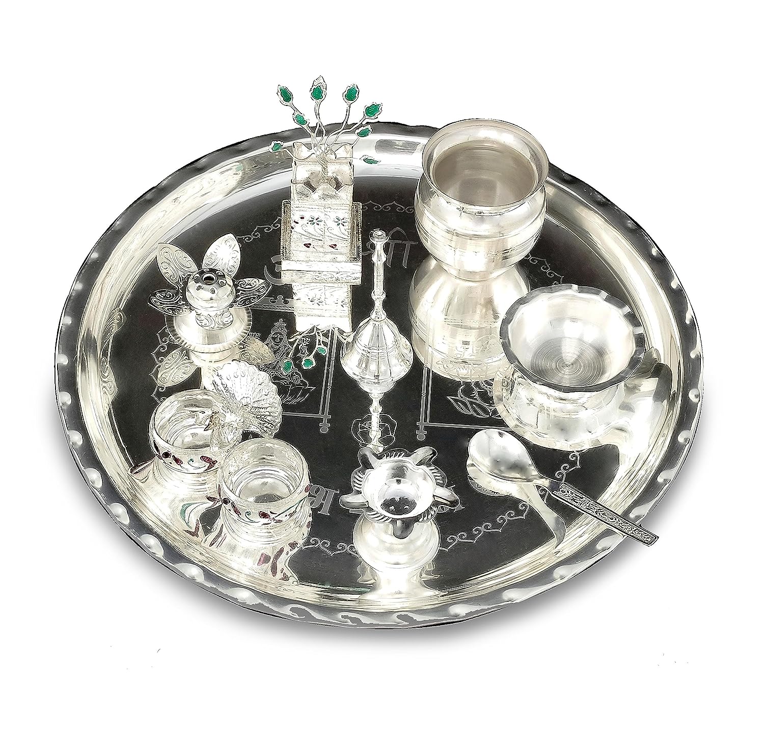 BENGALEN 12 Inch Silver Plated Pooja Thali Set with Accessories Daily Puja Decorative Gifts for Home Office Mandir Diwali Wedding Return Gift Items