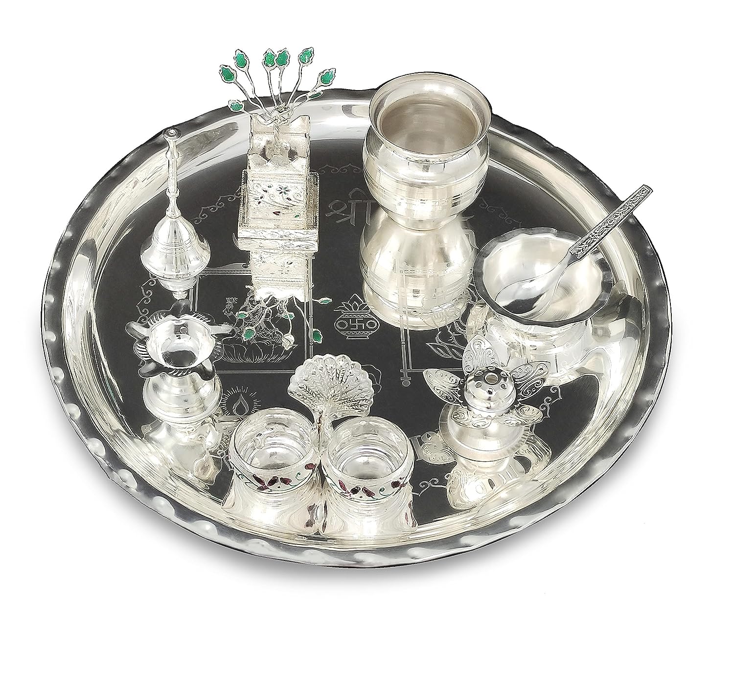 BENGALEN 12 Inch Silver Plated Pooja Thali Set with Accessories Daily Puja Decorative Gifts for Home Office Mandir Diwali Wedding Return Gift Items