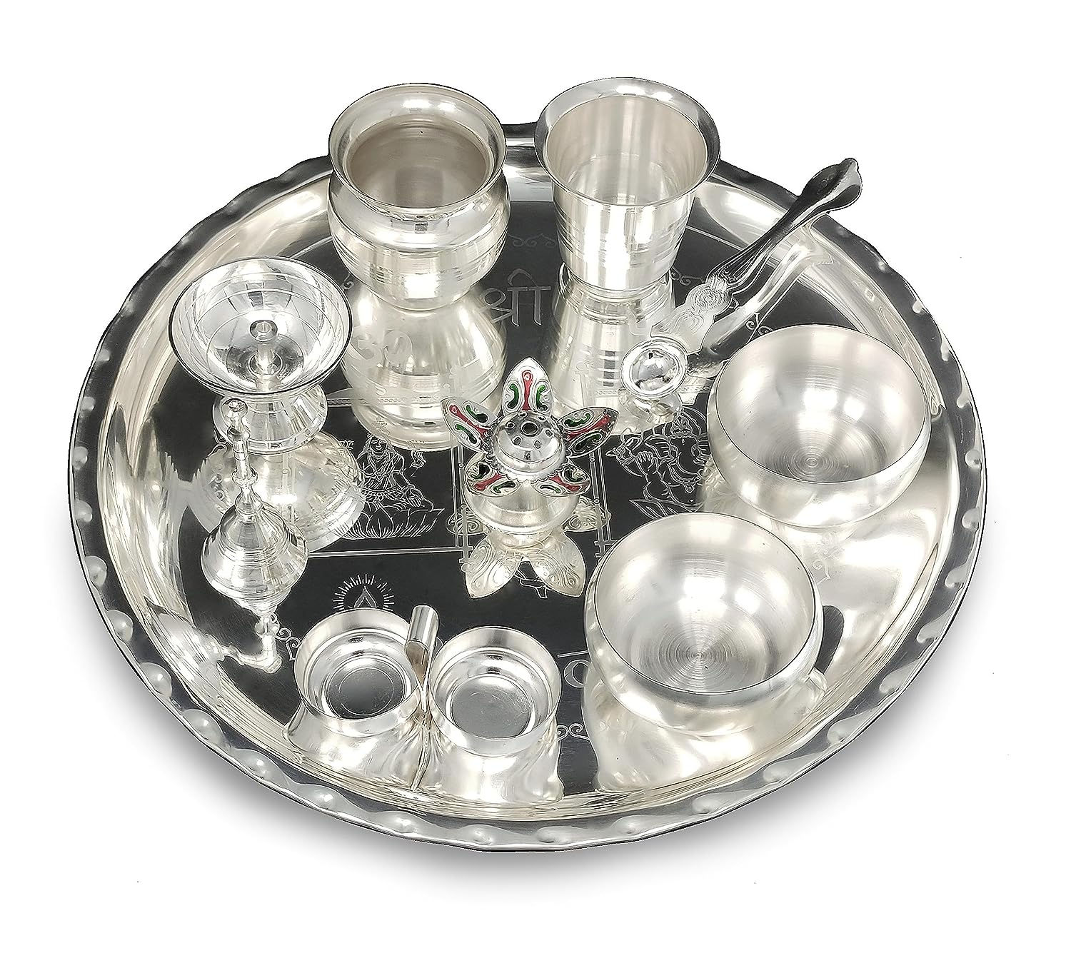 BENGALEN 12 Inch Silver Plated Pooja Thali Set with Accessories Daily Puja Decorative Gifts for Home Office Mandir Diwali Wedding Return Gift Items