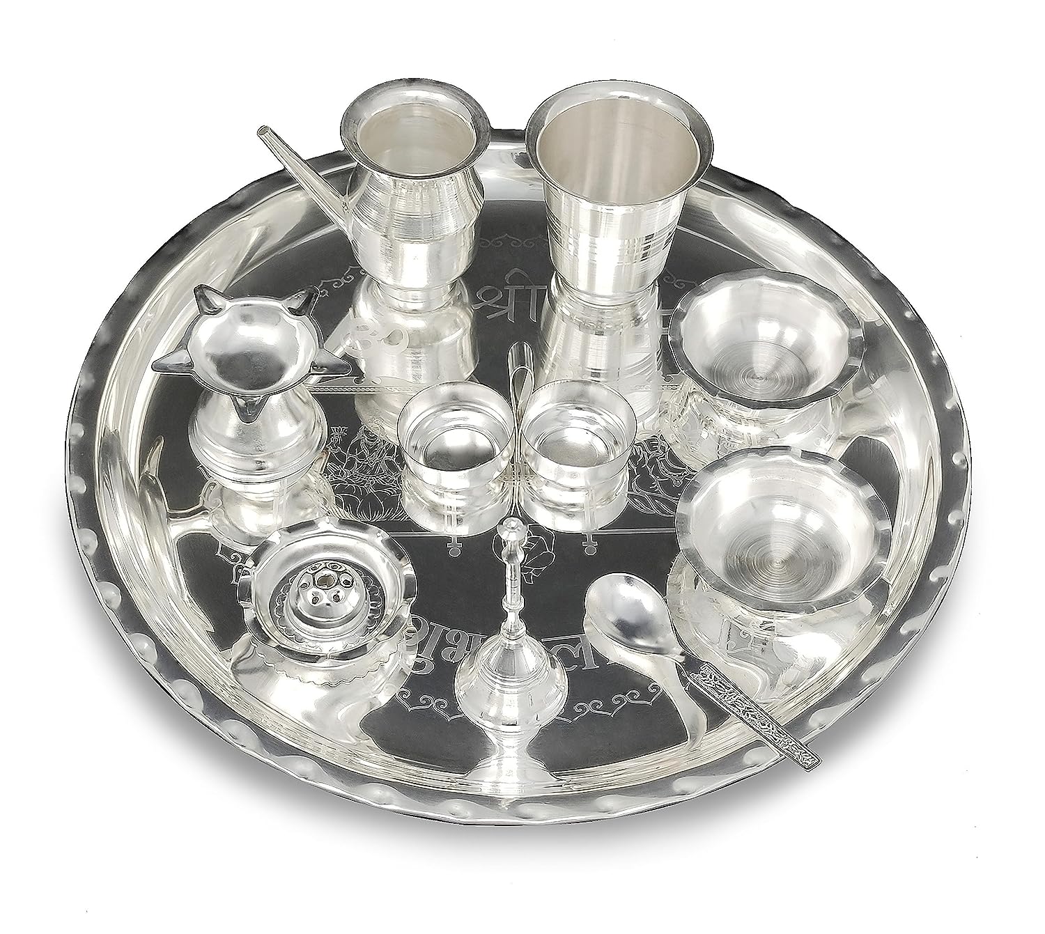 BENGALEN 12 Inch Silver Plated Pooja Thali Set with Accessories Daily Puja Decorative Gifts for Home Office Mandir Diwali Wedding Return Gift Items
