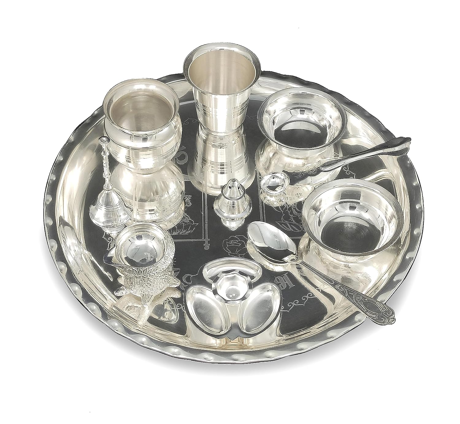 BENGALEN 12 Inch Silver Plated Pooja Thali Set with Accessories Daily Puja Decorative Gifts for Home Office Mandir Diwali Wedding Return Gift Items