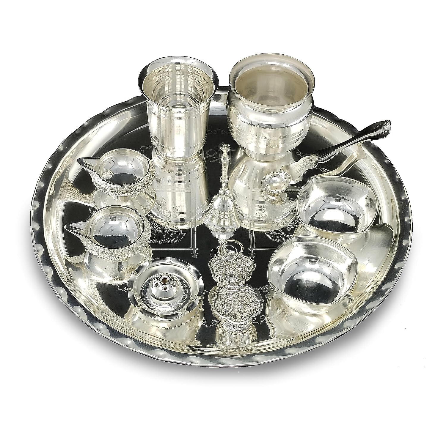 BENGALEN 12 Inch Silver Plated Pooja Thali Set with Accessories Daily Puja Decorative Gifts for Home Office Mandir Diwali Wedding Return Gift Items