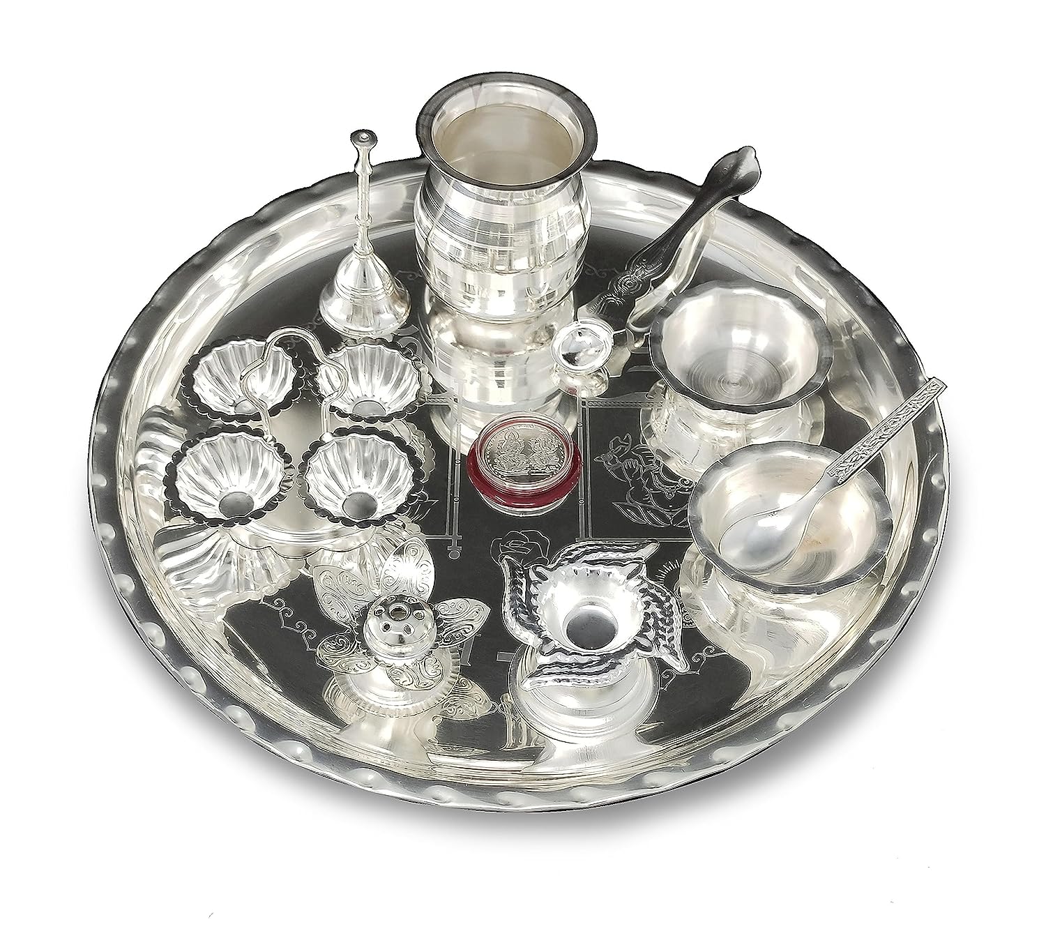 BENGALEN 12 Inch Silver Plated Pooja Thali Set with Accessories Daily Puja Decorative Gifts for Home Office Mandir Diwali Wedding Return Gift Items