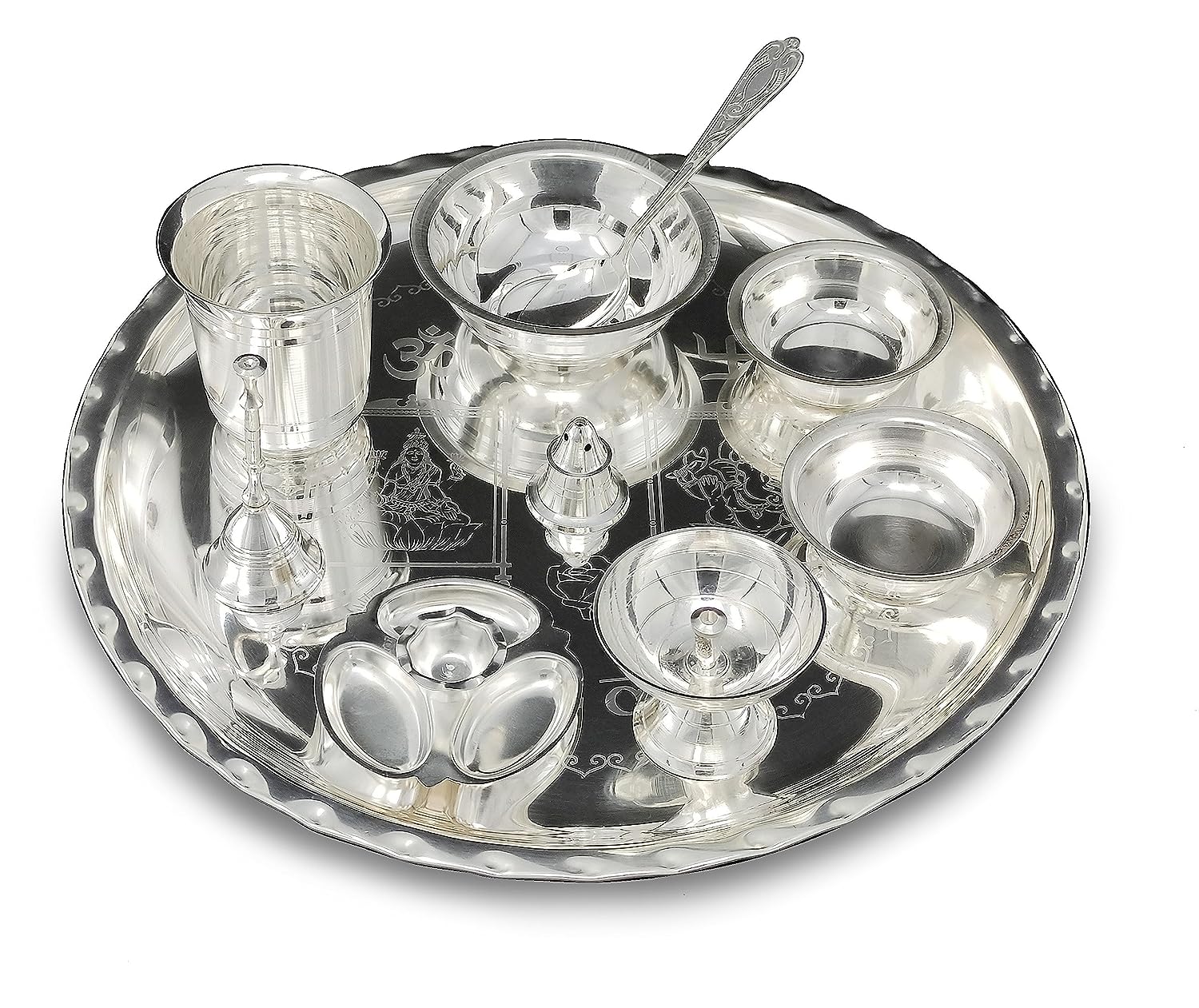 BENGALEN 12 Inch Silver Plated Pooja Thali Set with Accessories Daily Puja Decorative Gifts for Home Office Mandir Diwali Wedding Return Gift Items