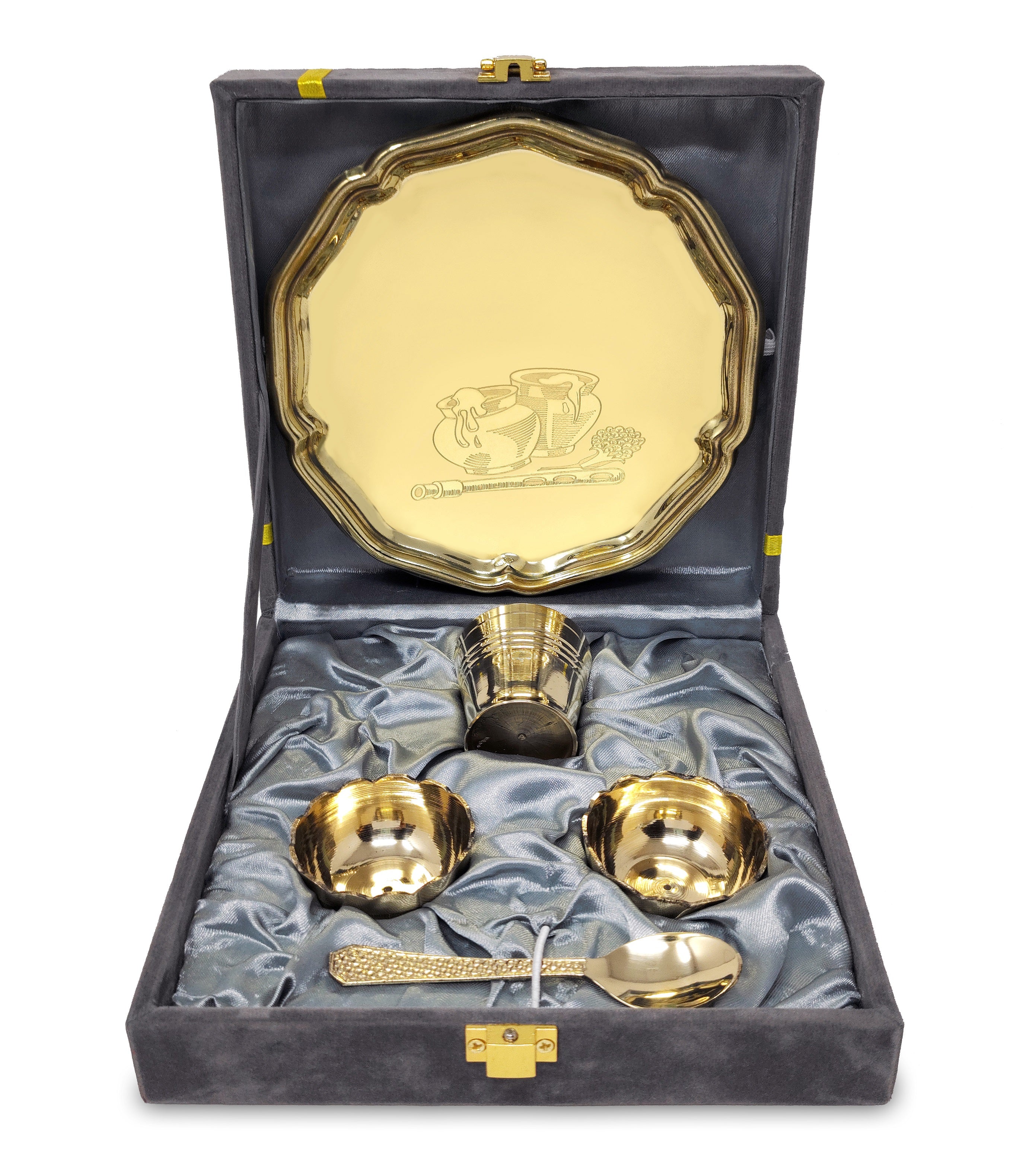 BENGALEN Pooja thali Set Brass Small 6 Inch With Gray Gift Box Laddu Gopal Bhog Thali for Janmashtami Decoration Puja Item Festival Puja Krishna Bhog Thali Set for Home Office Mandir Return Gift Items