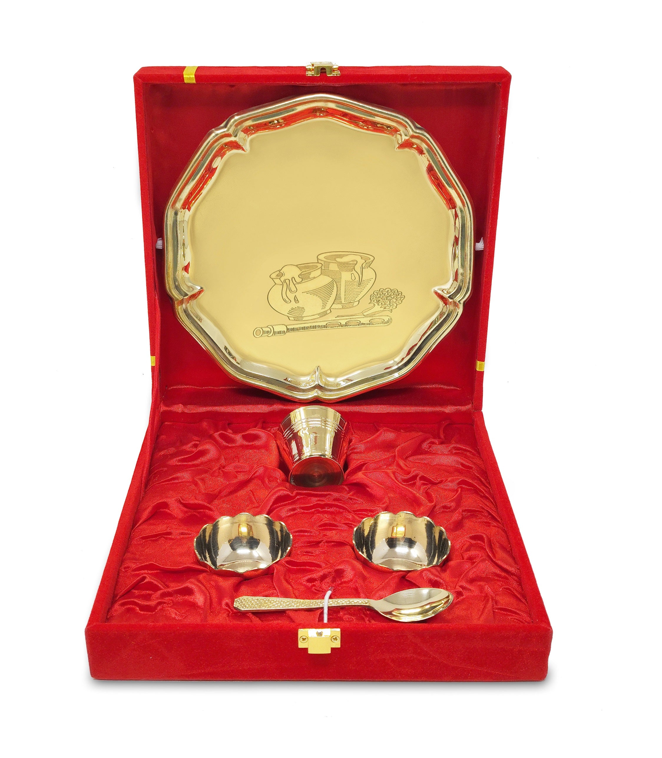 BENGALEN Pooja thali Set Brass Small 8 Inch With Red Gift Box Laddu Gopal Bhog Thali for Janmashtami Decoration Puja Item Festival Puja Krishna Bhog Thali Set for Home Office Mandir Return Gift Items