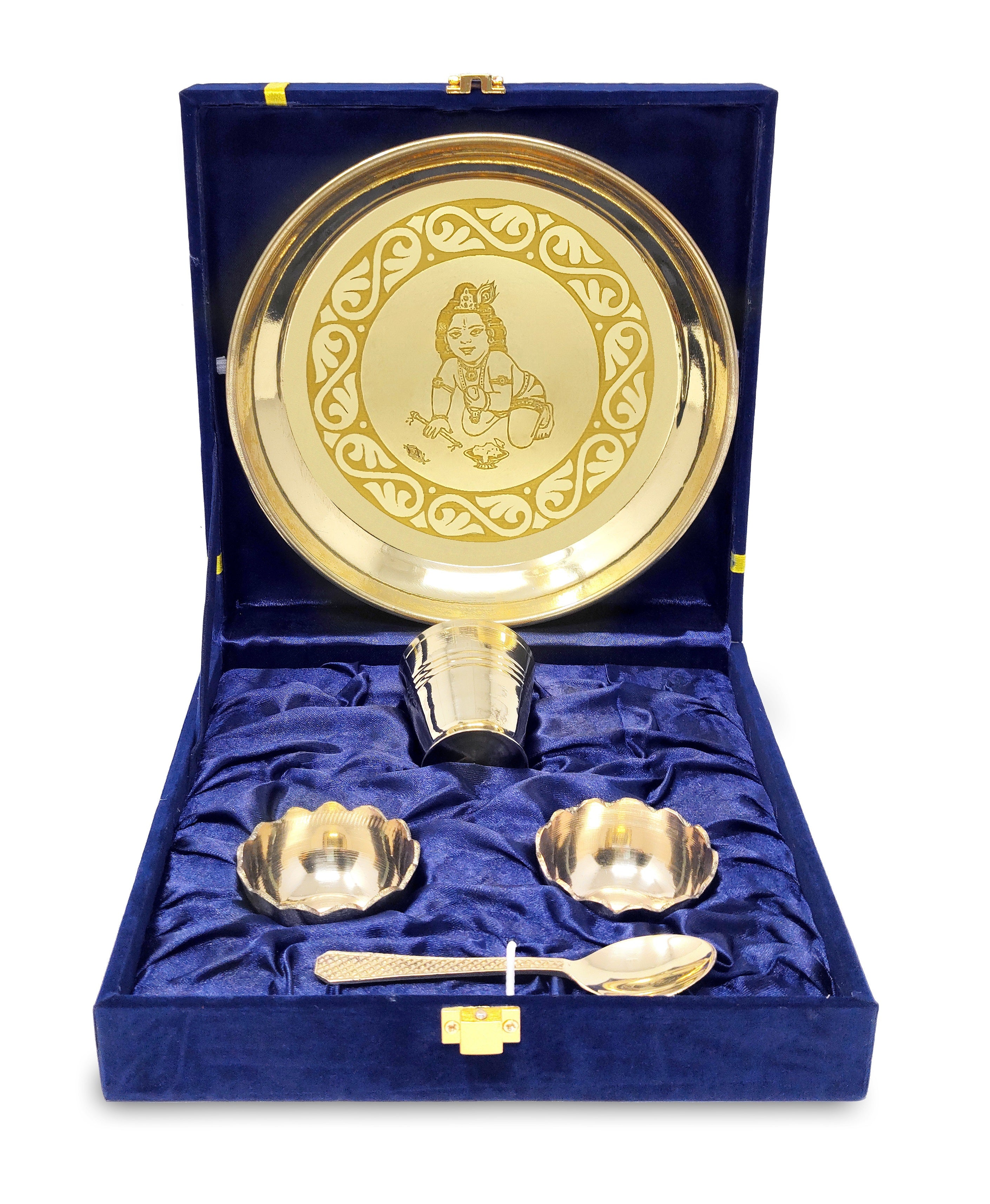 Bengalen Brass Pooja Bhog thali Set 7 Inch With Blue Velvet Gift Box Festival Kanha Krishna Thali Puja Set for Diwali Home Office Mandir Wedding Return Gift Items