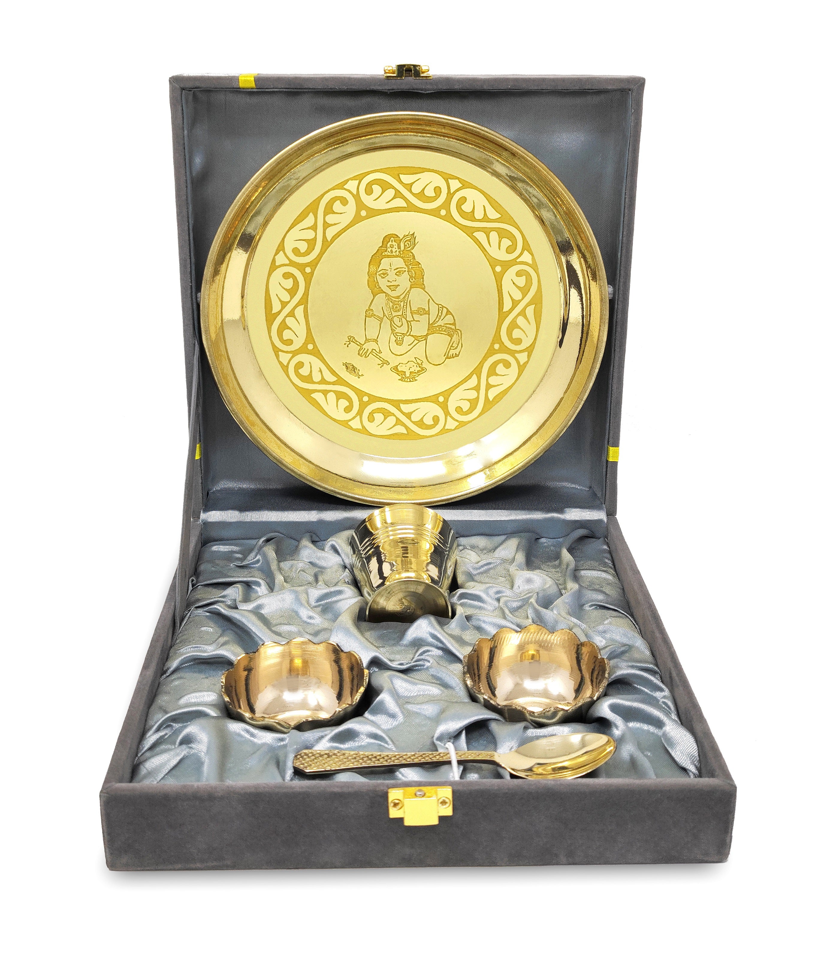 Bengalen Brass Pooja Bhog thali Set 7 Inch With Gray Velvet Gift Box Festival Kanha Krishna Thali Puja Set for Diwali Home Office Mandir Wedding Return Gift Items