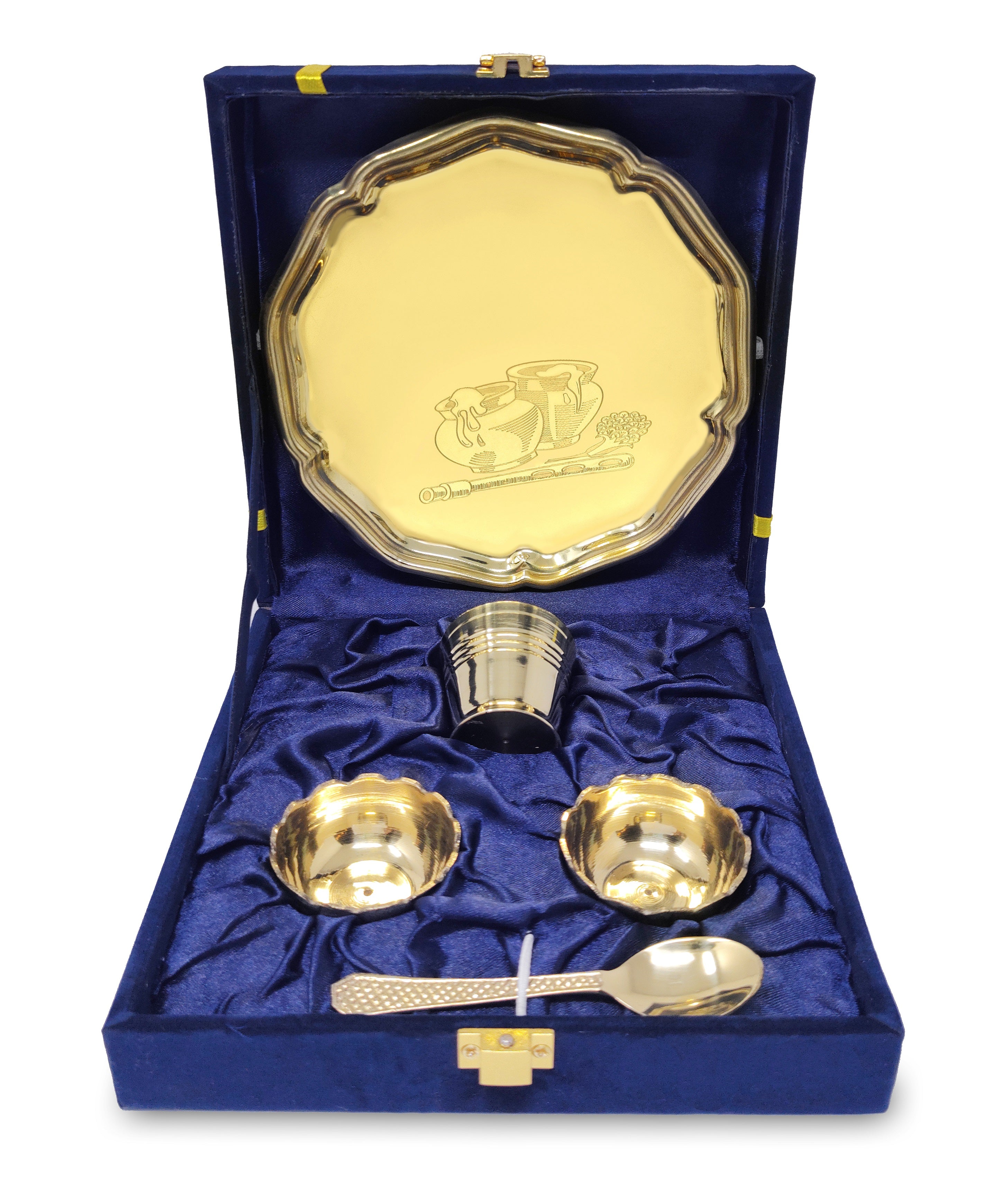 BENGALEN Pooja thali Set Brass Small 6 Inch With Blue Gift Box Laddu Gopal Bhog Thali for Janmashtami Decoration Puja Item Festival Puja Krishna Bhog Thali Set for Home Office Mandir Return Gift Items