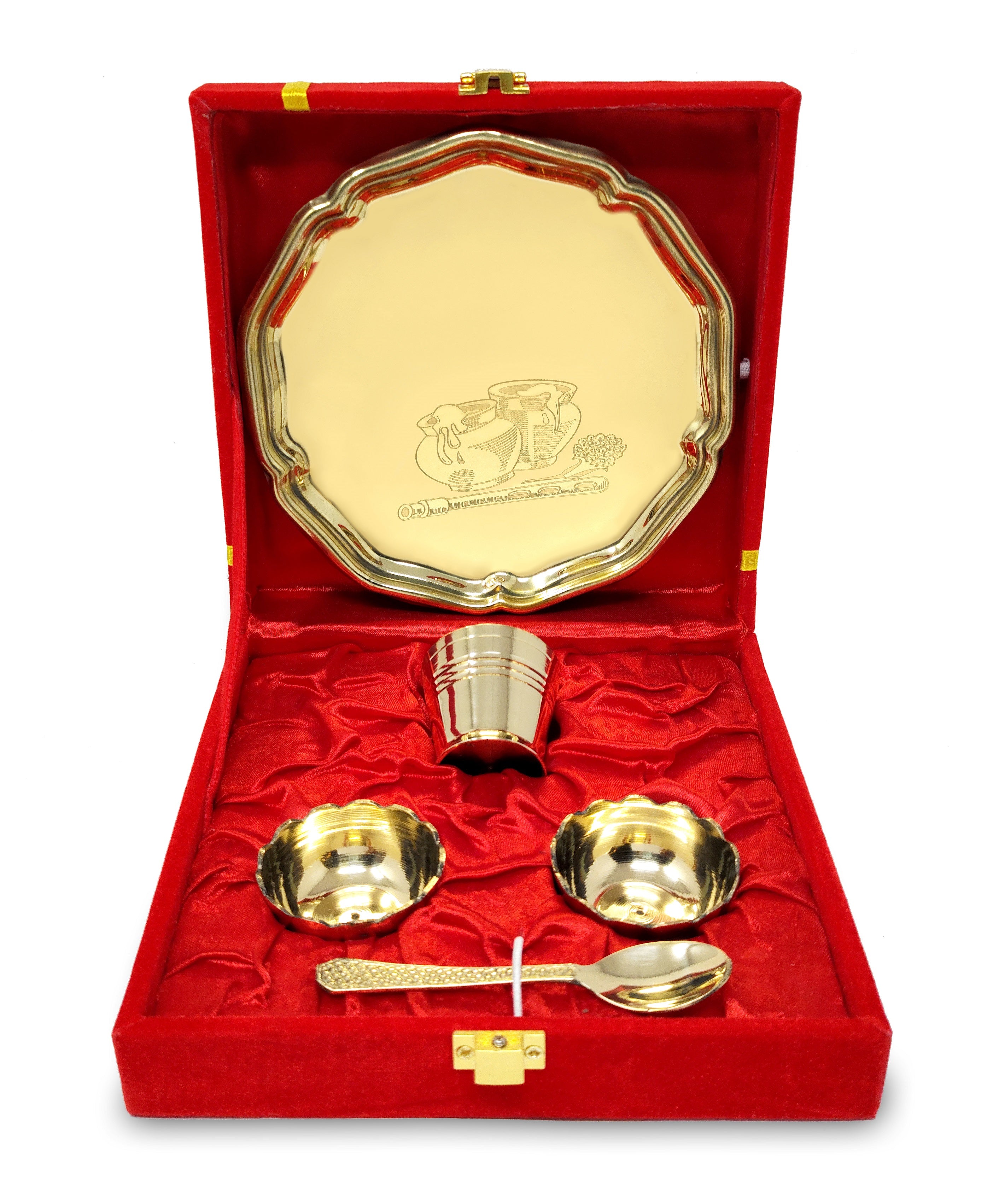 BENGALEN Pooja thali Set Brass Small 6 Inch With Red Gift Box Laddu Gopal Bhog Thali for Janmashtami Decoration Puja Item Festival Puja Krishna Bhog Thali Set for Home Office Mandir Return Gift Items