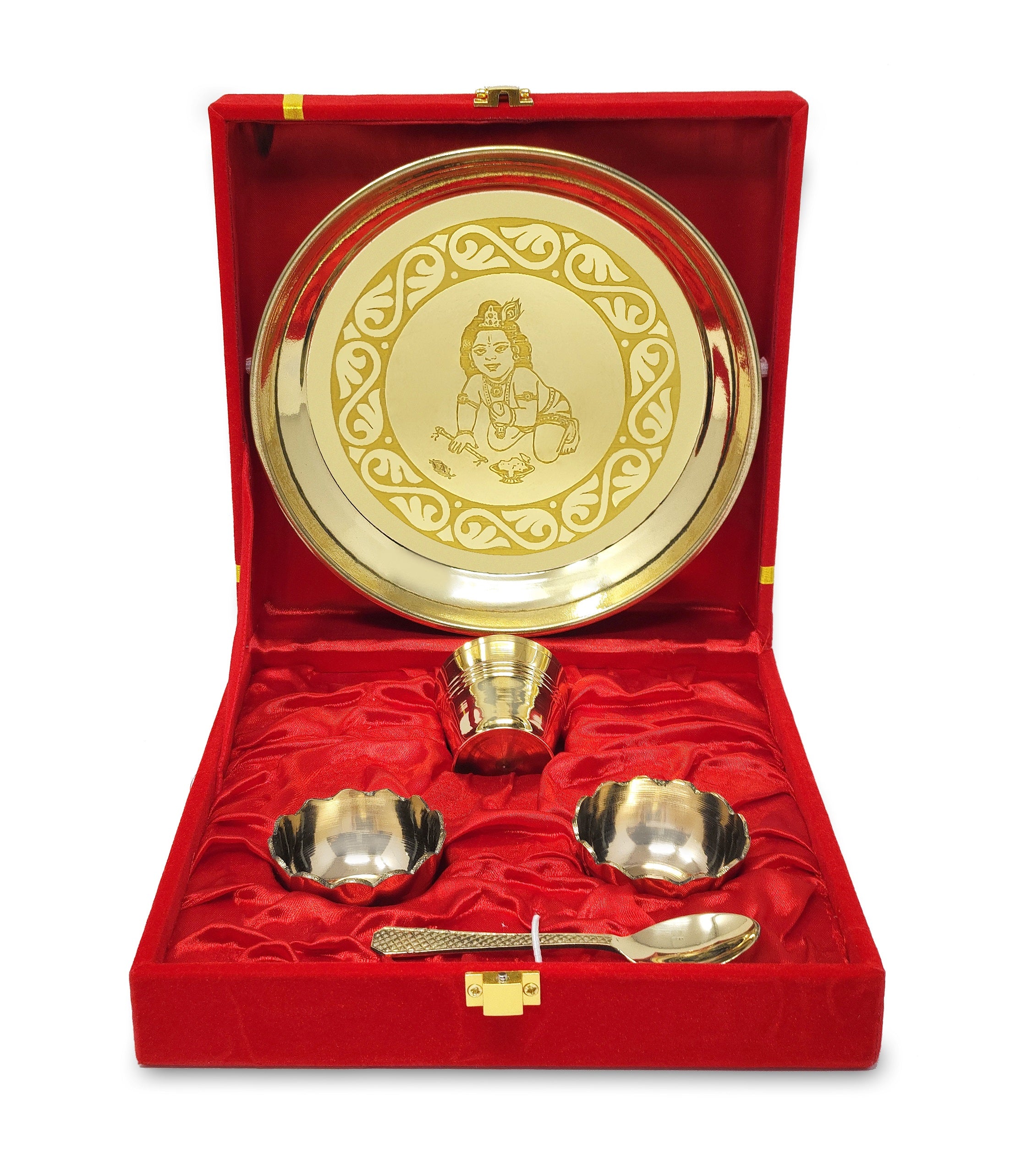 Bengalen Brass Pooja Bhog thali Set 7 Inch With Red Velvet Gift Box Festival Kanha Krishna Thali Puja Set for Diwali Home Office Mandir Wedding Return Gift Items