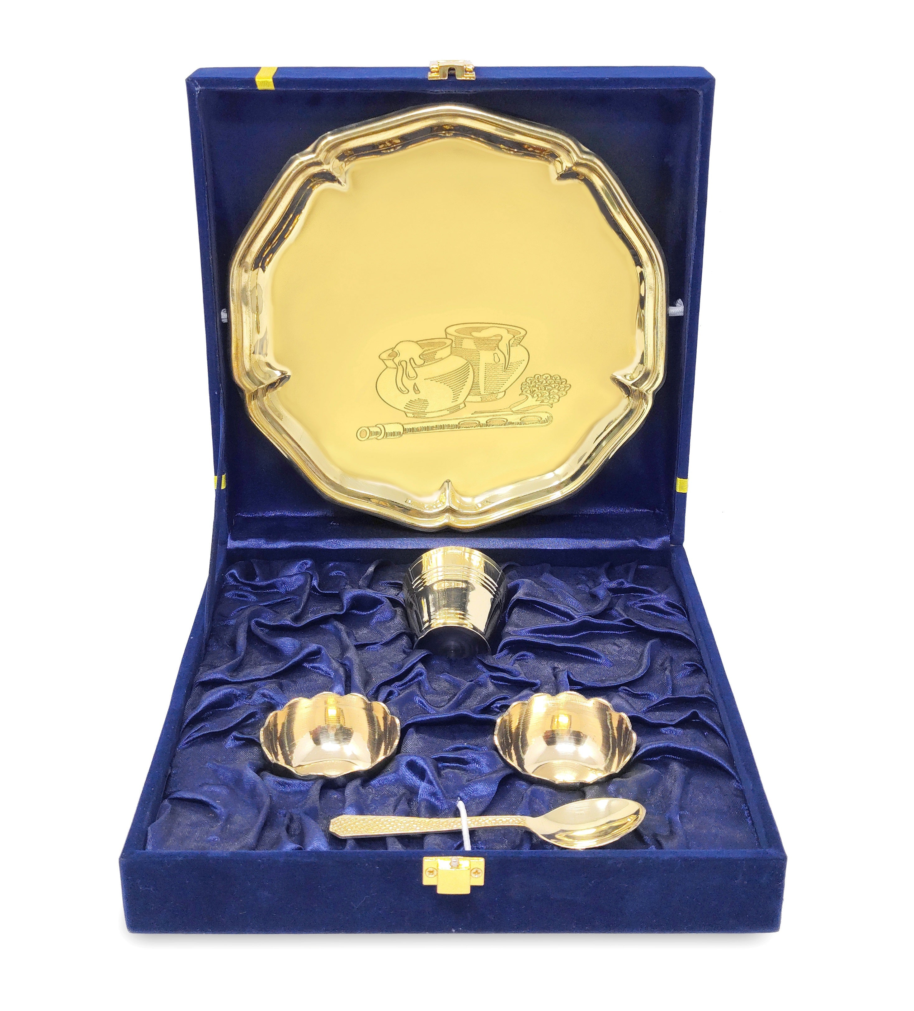 BENGALEN Pooja thali Set Brass Small 8 Inch With Blue Gift Box Laddu Gopal Bhog Thali for Janmashtami Decoration Puja Item Festival Puja Krishna Bhog Thali Set for Home Office Mandir Return Gift Items