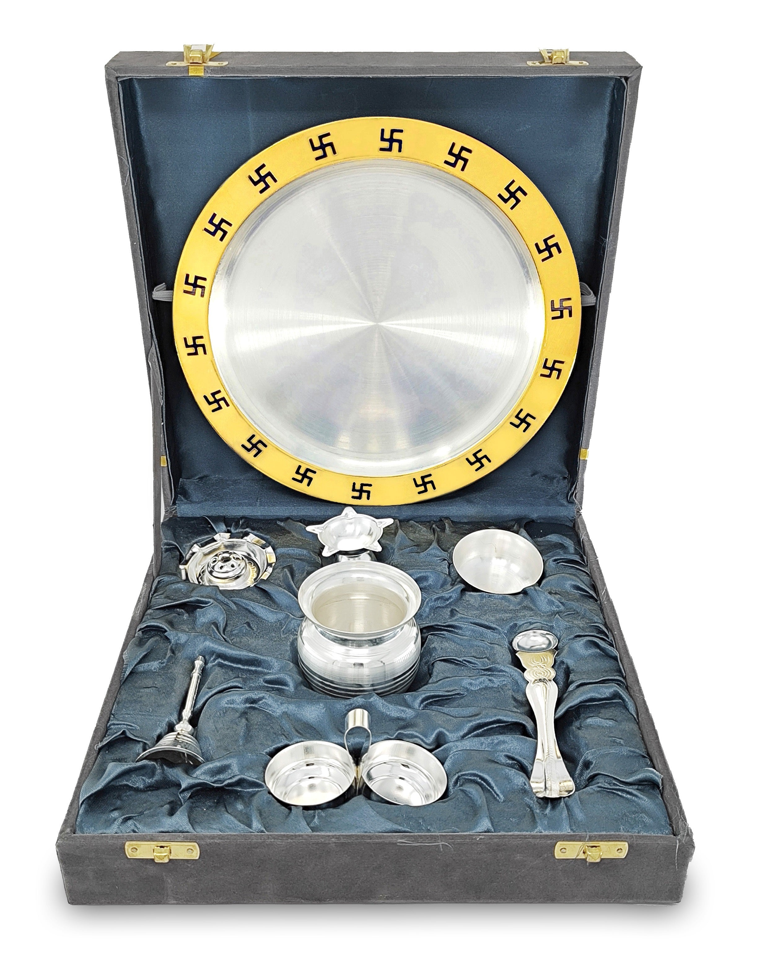 BENGALEN Pooja Thali Set 9 Inch Gold & Silver Plated with Gray Gift Box