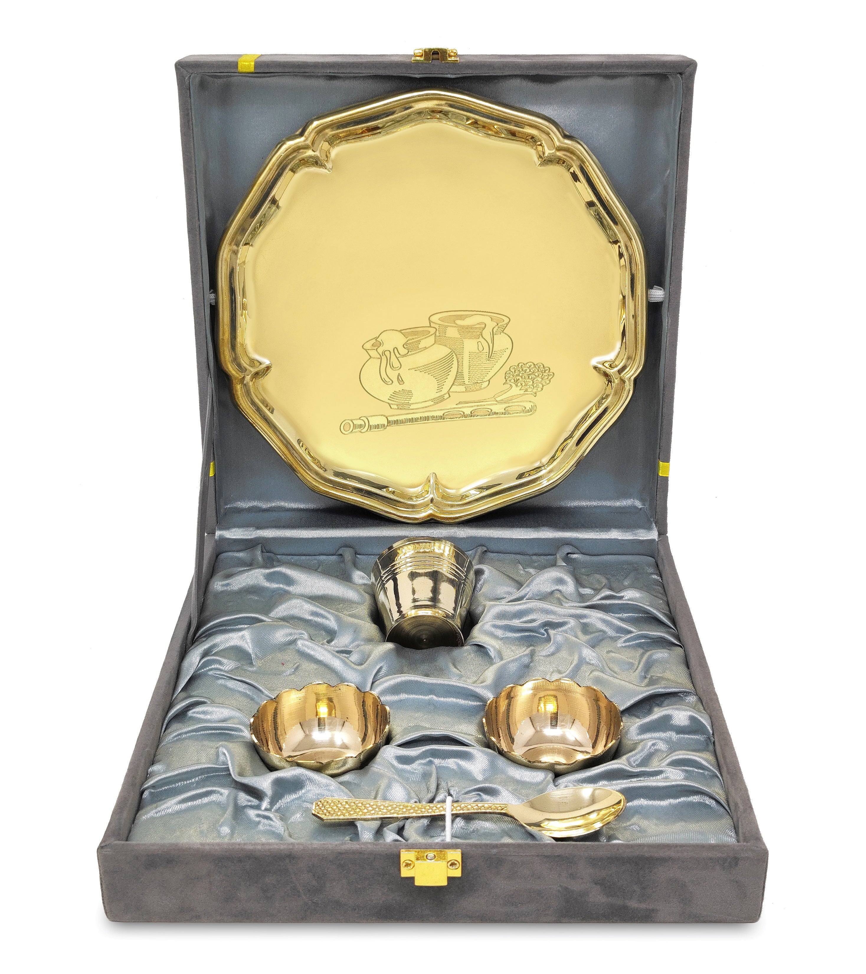 BENGALEN Pooja thali Set Brass Small 8 Inch With Gray Gift Box Laddu Gopal Bhog Thali for Janmashtami Decoration Puja Item Festival Puja Krishna Bhog Thali Set for Home Office Mandir Return Gift Items