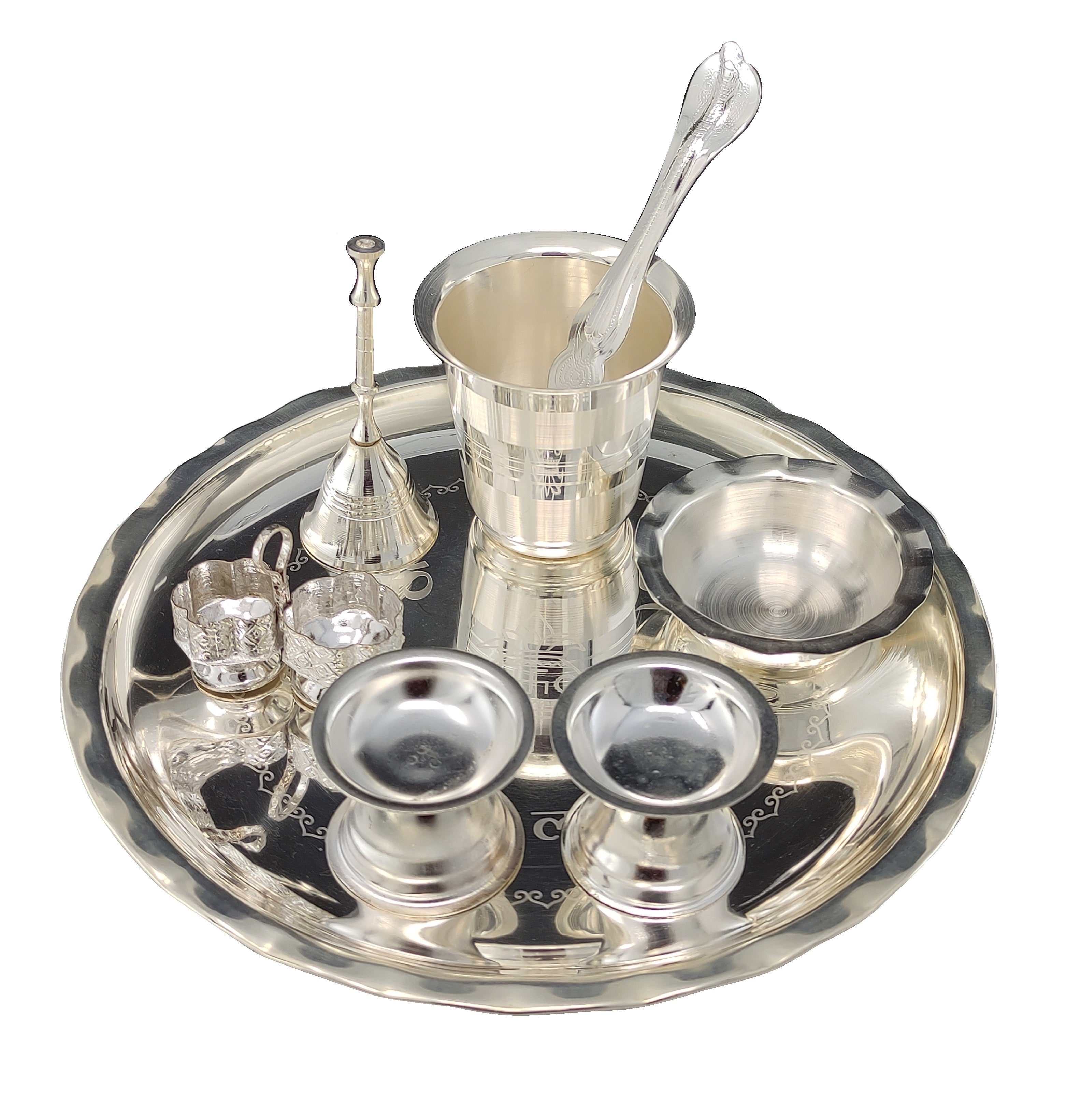 Bengalen Silver Plated Pooja thali Set 8 Inch with Plate Ghanti Bowl Palli Round Diya Kumkum Holder Puja Thali for Home Mandir Office Wedding Return Diwali Gift Items