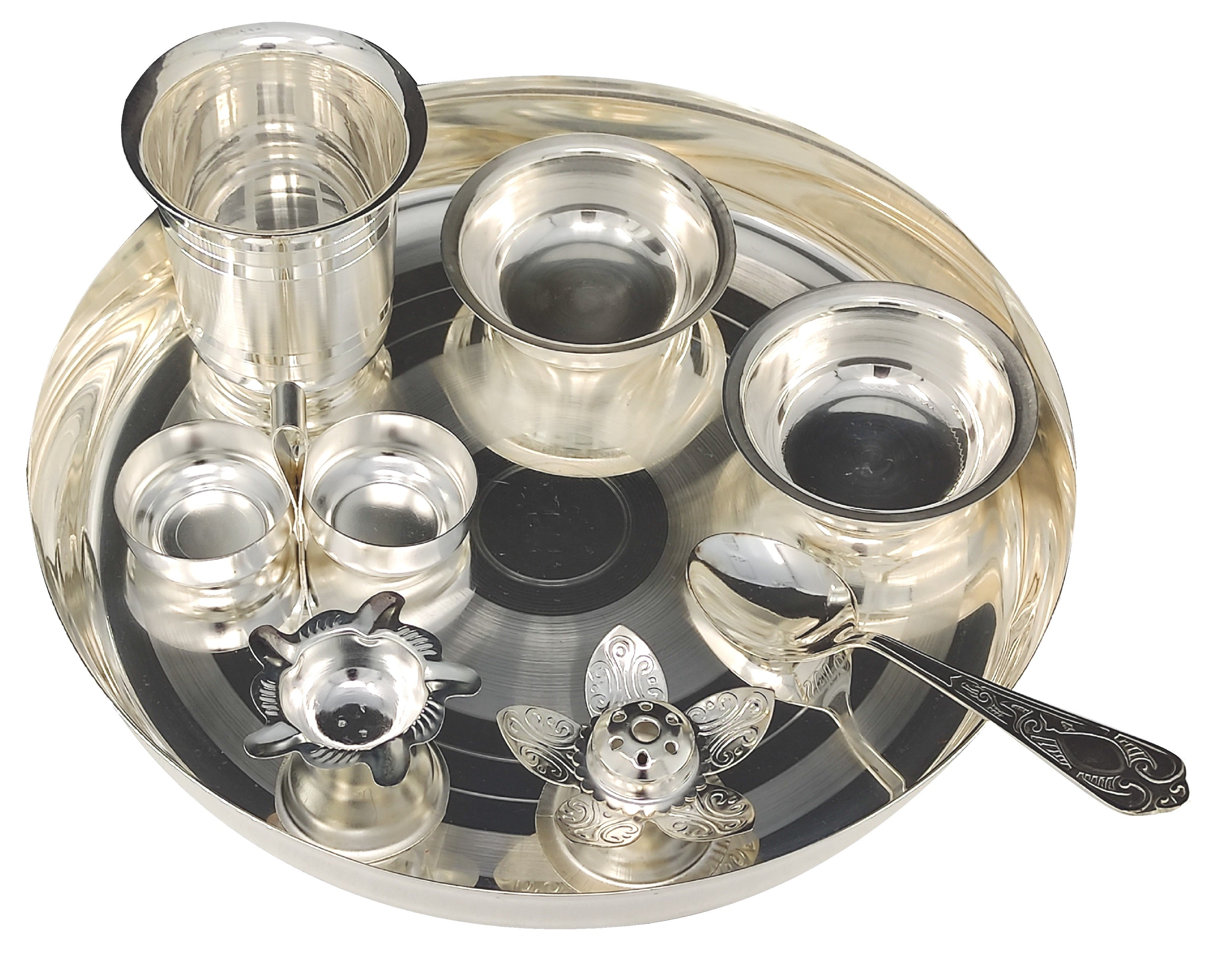 Bengalen Silver Plated Pooja thali Set 10 Inch with Plate Glass Spoon Diya Kumkum Holder Bowl Dhup Dan Puja Thali for Diwali Home Mandir Office Wedding Return Gift Items