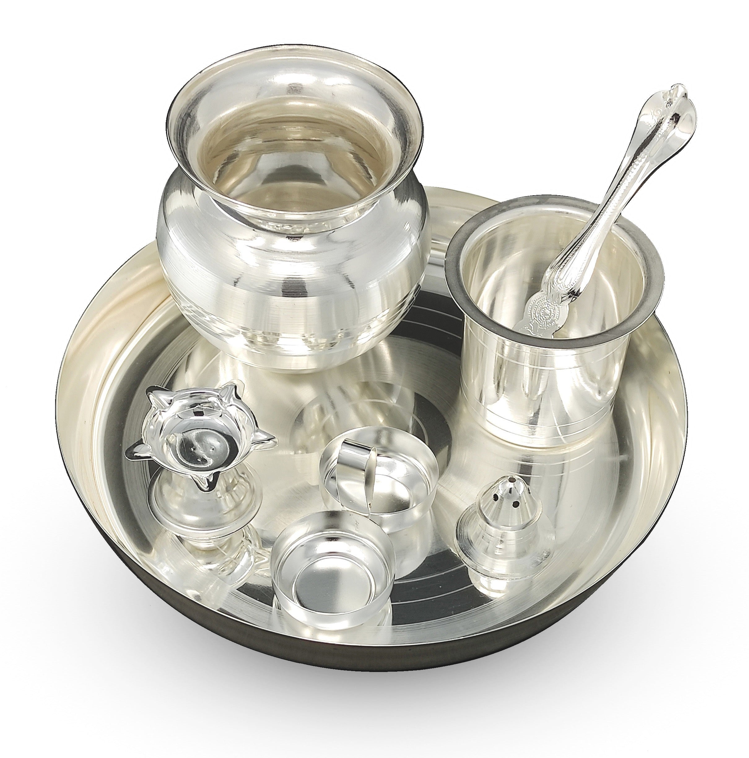 Bengalen Silver Plated Pooja thali Set 08 Inch for Festival Ethnic Puja Thali Gift for Diwali, Home, Temple, Office, Wedding Gift