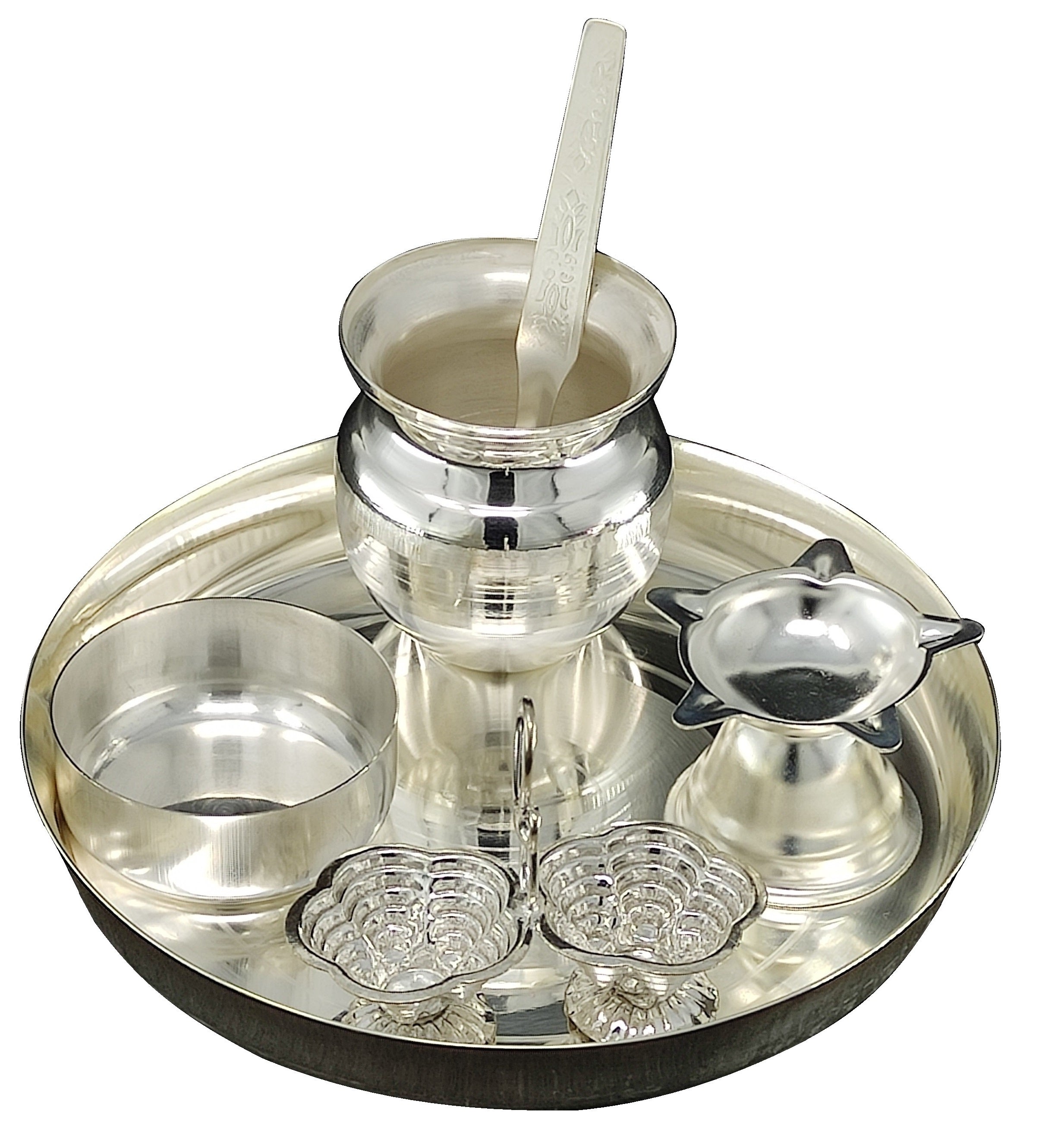 BENGALEN Silver Plated Pooja Thali Set 6 Inch Regular Puja Decorative for Home Mandir Office Wedding Return Gift Items