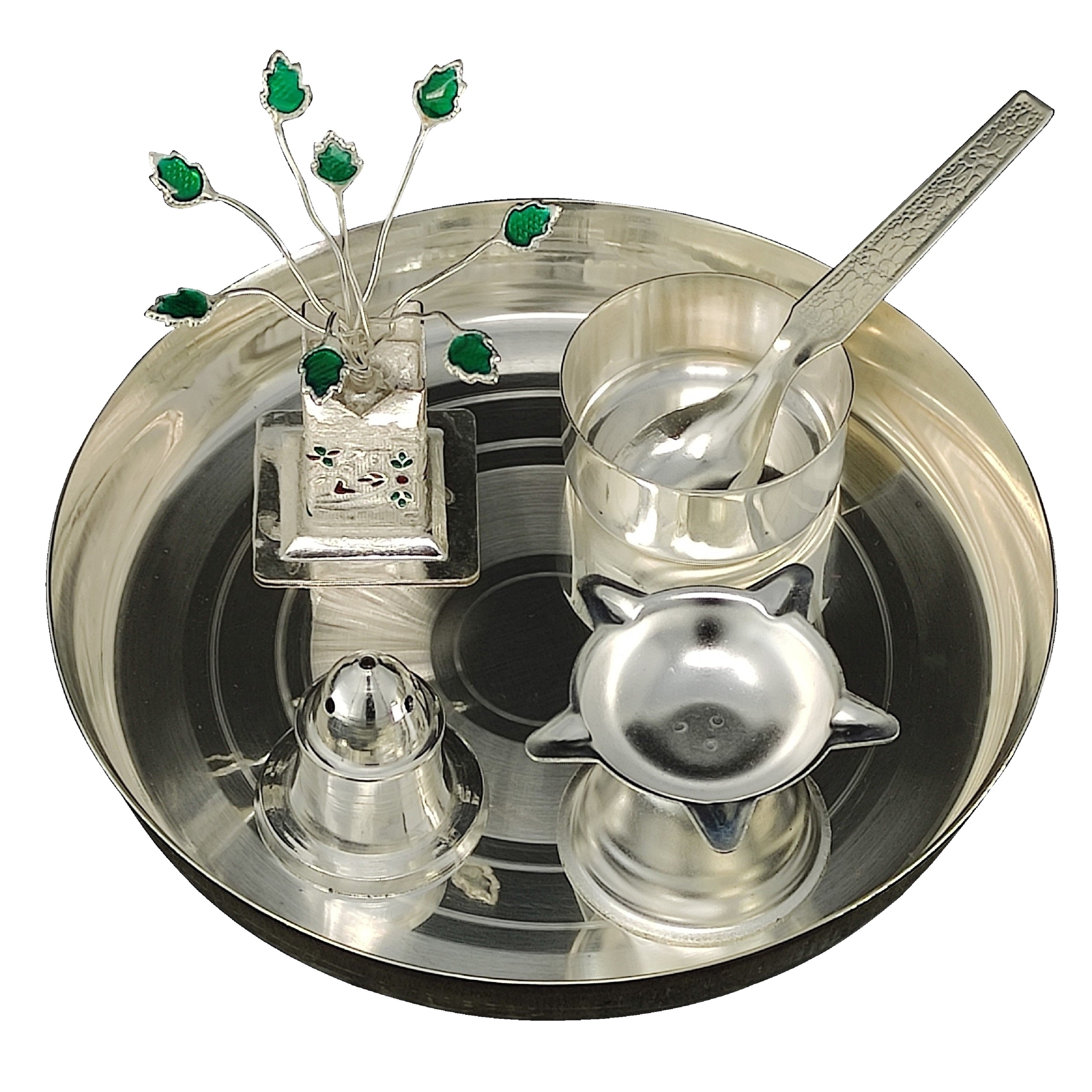 BENGALEN Silver Plated Pooja Thali Set 6 Inch with Plate Agarbatti Stand Tulsi Idol Bowl Spoon Diya Puja Decorative Items for Home Mandir Office Wedding Return Gift Items