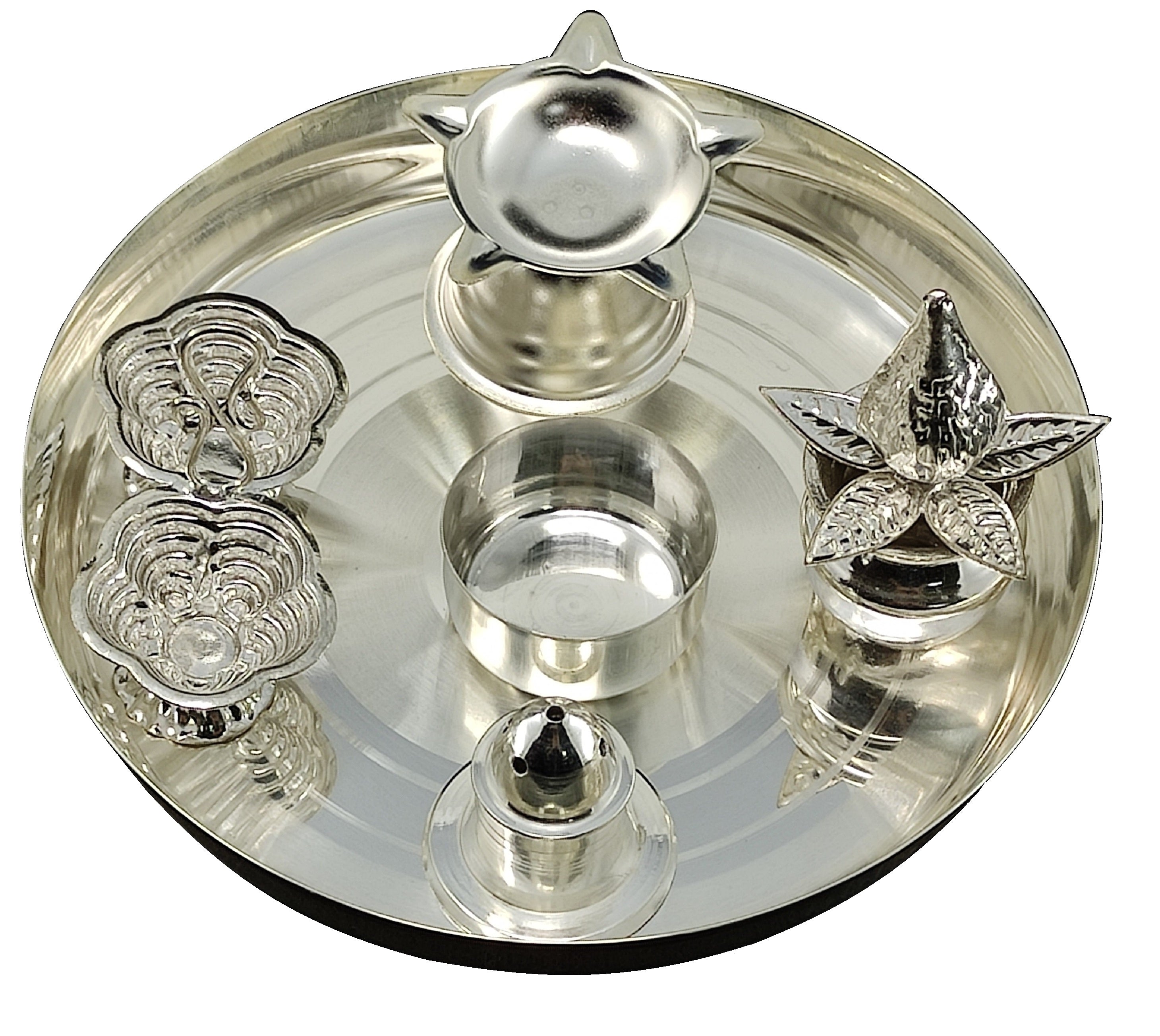 Bengalen Silver Plated Pooja Thali Set 6 Inch with Accessories Puja Decorative Items for Home Mandir Office Wedding Return Gift