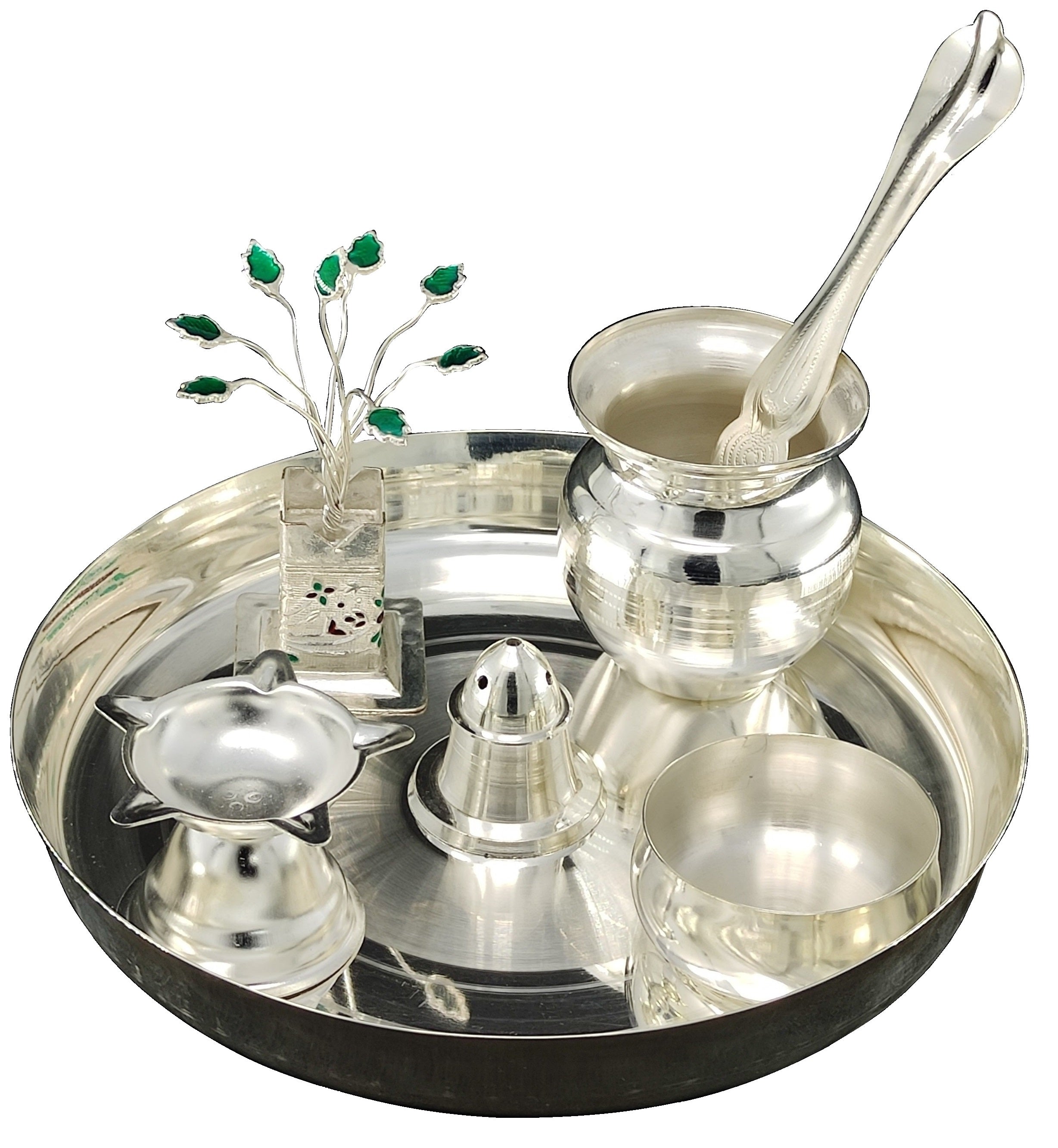 BENGALEN Silver Plated Pooja thali Set 7 Inch Plate Agarbatti Stand Diya Tulsi Idol Kalash Palli Bowl Puja Thali for Diwali Home Mandir Office Wedding Return Gift Items