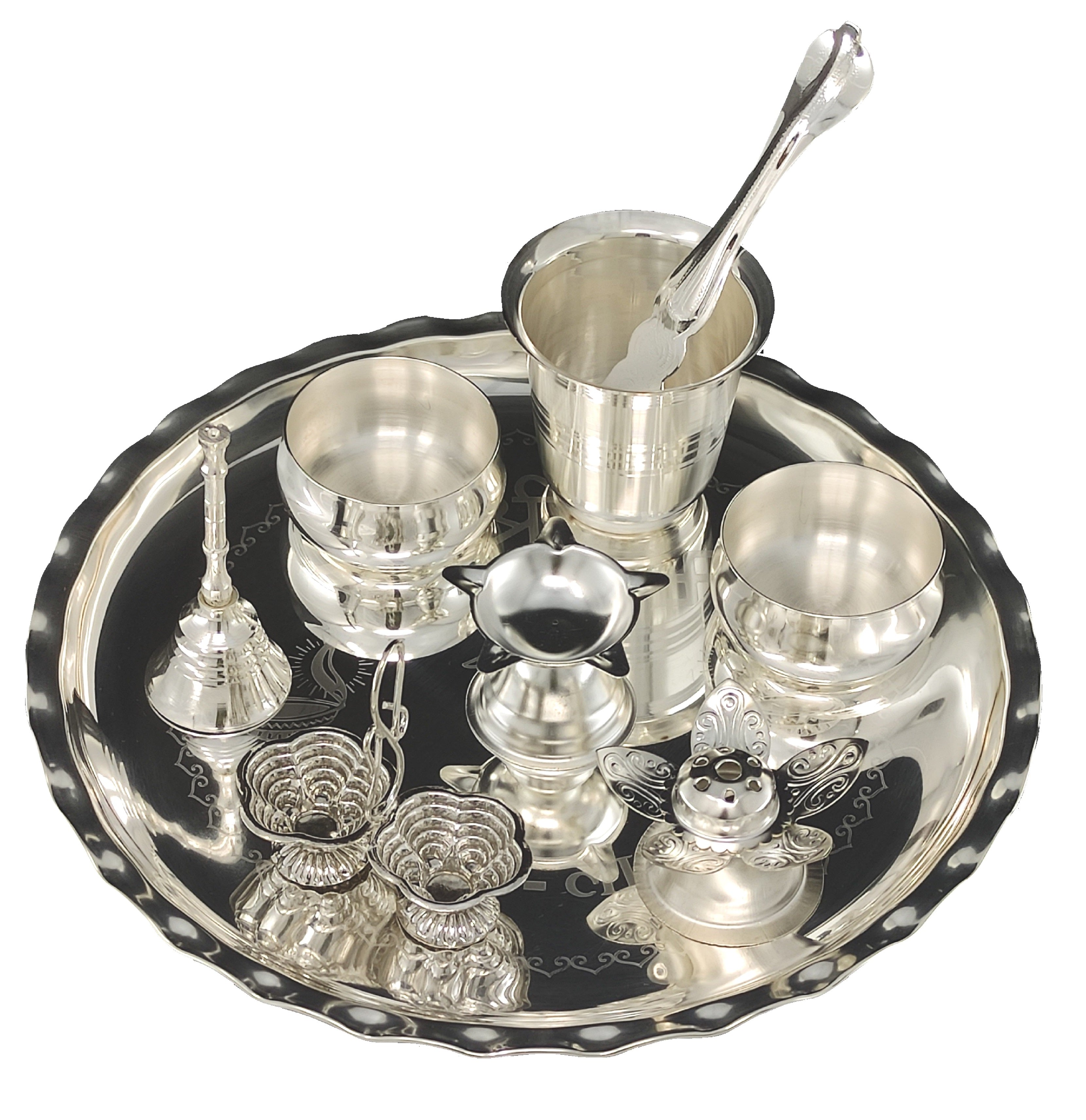 Bengalen Silver Plated Pooja thali Set 9.5 Inch with Plate Palli Haldi Kumkum Stand Diya Glass Bowl Dhup Dan Ghanti Puja Thali for Home Mandir Office Diwali Wedding Return Gift Items