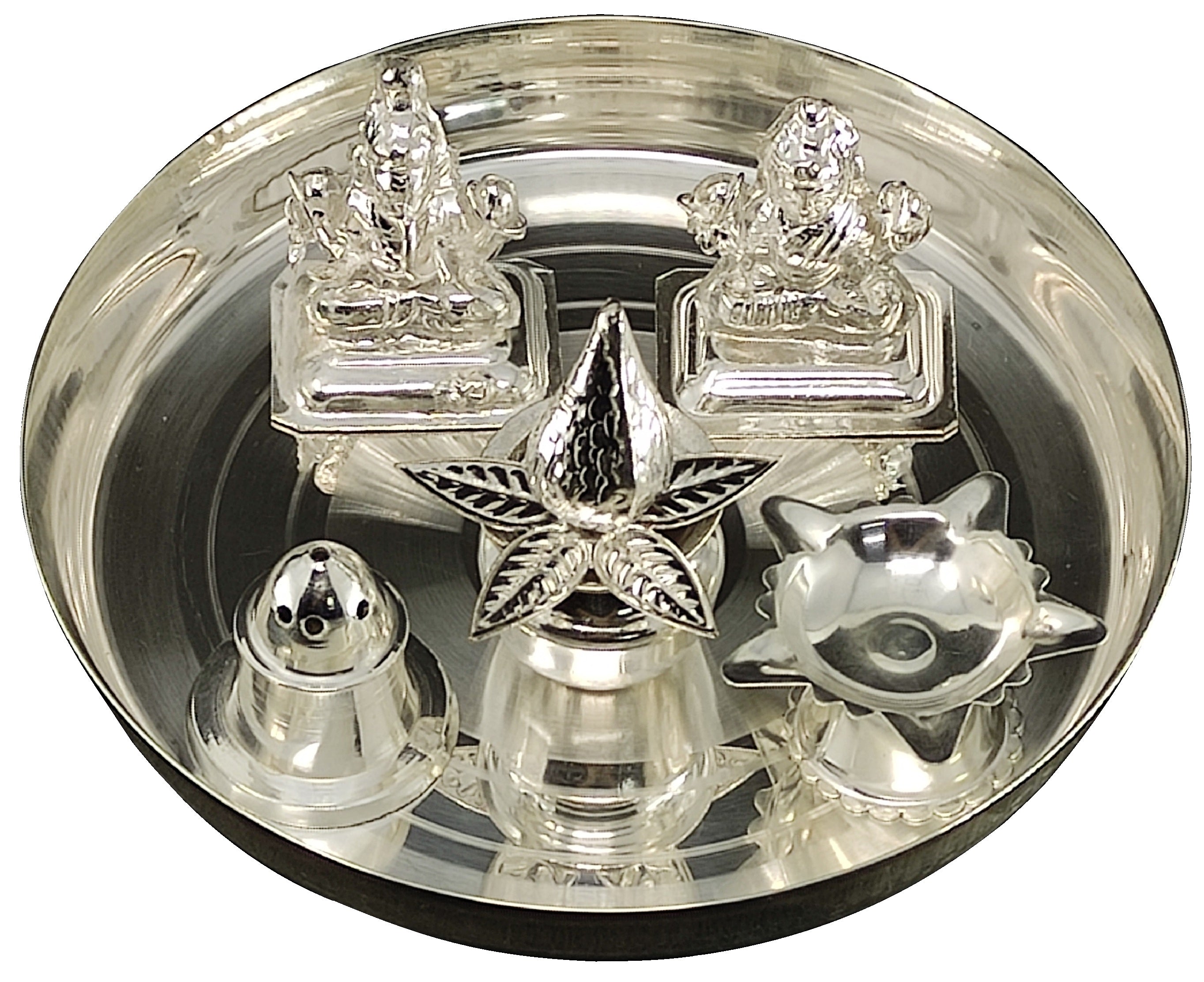 Bengalen Silver Plated Pooja Thali Set 6 Inch with Idols and Accessories Puja Decorative Items for Home Mandir Office Wedding Return Gift