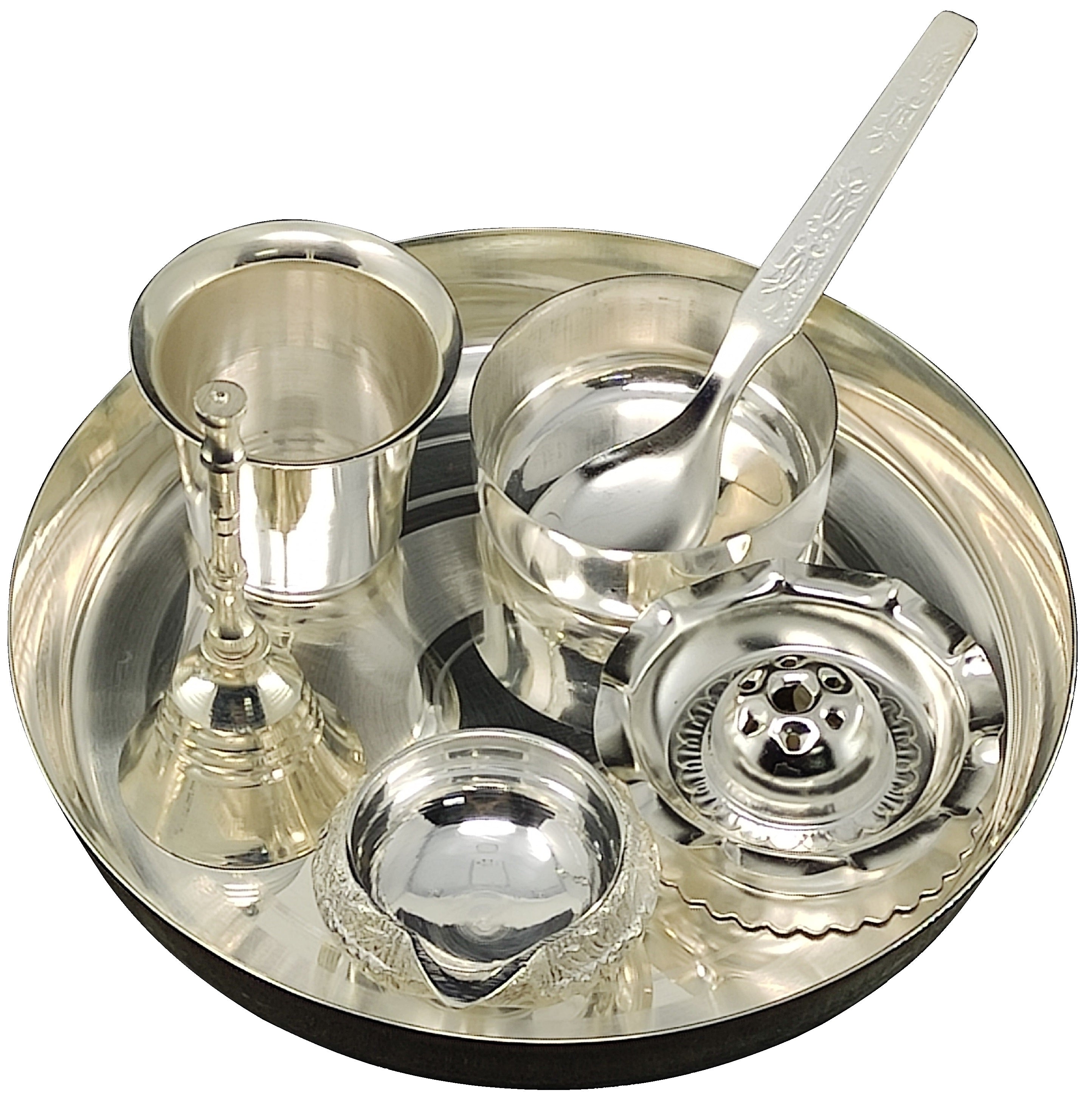 BENGALEN Silver Plated Pooja Thali Set Small 6 Inch Plate Ghanti Glass Kuber Diya Bowl Spoon Agarbatti Stand Puja Decorative Items for Home Mandir Office Wedding Return Gift Items