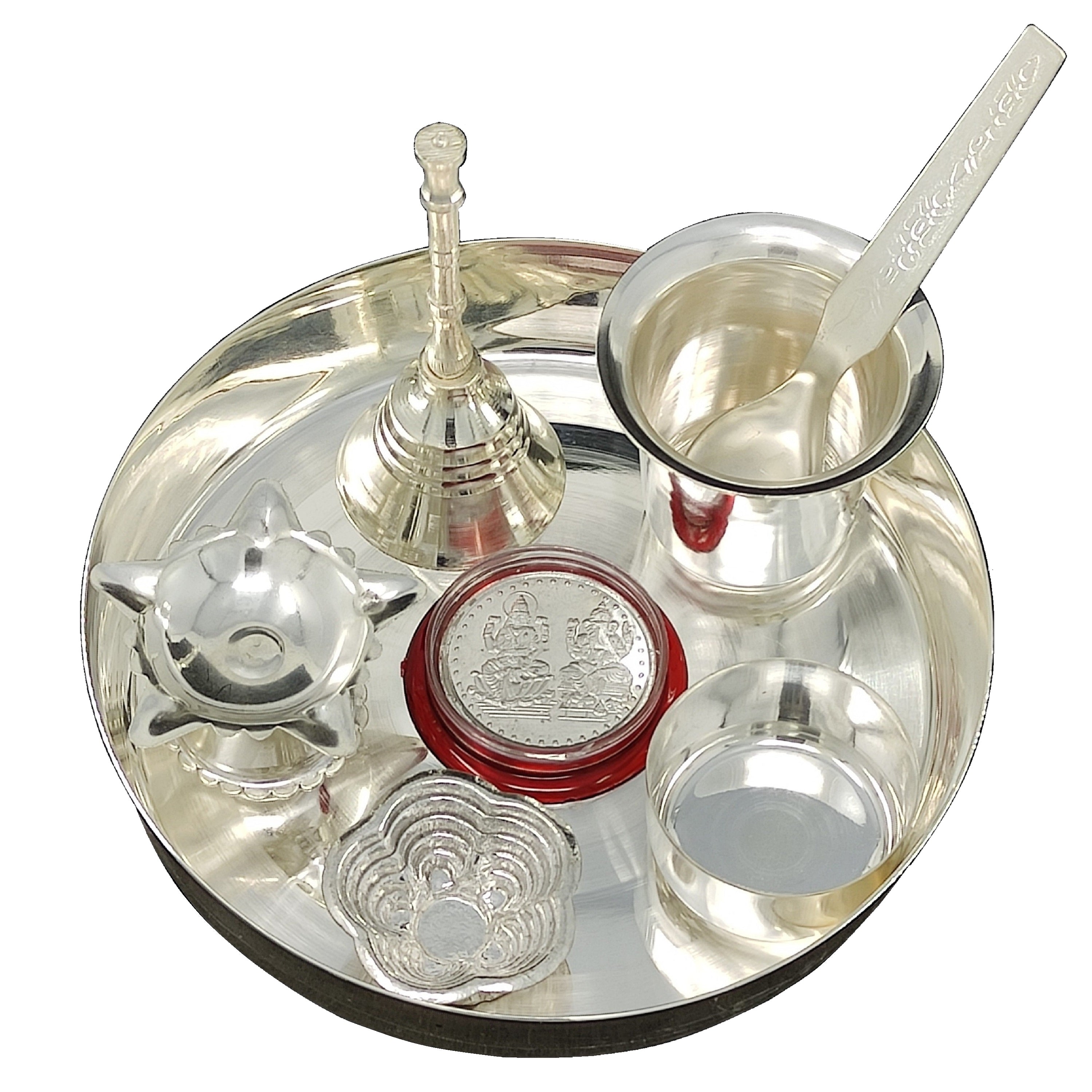 BENGALEN Silver Plated Pooja Thali Set 5 Inch Plate Kumkum Holder Diya Ghanti Glass Spoon Bowl Ganesh Lakshmi Coin Premium Puja Decorative for Home Office Wedding Return Gift Items