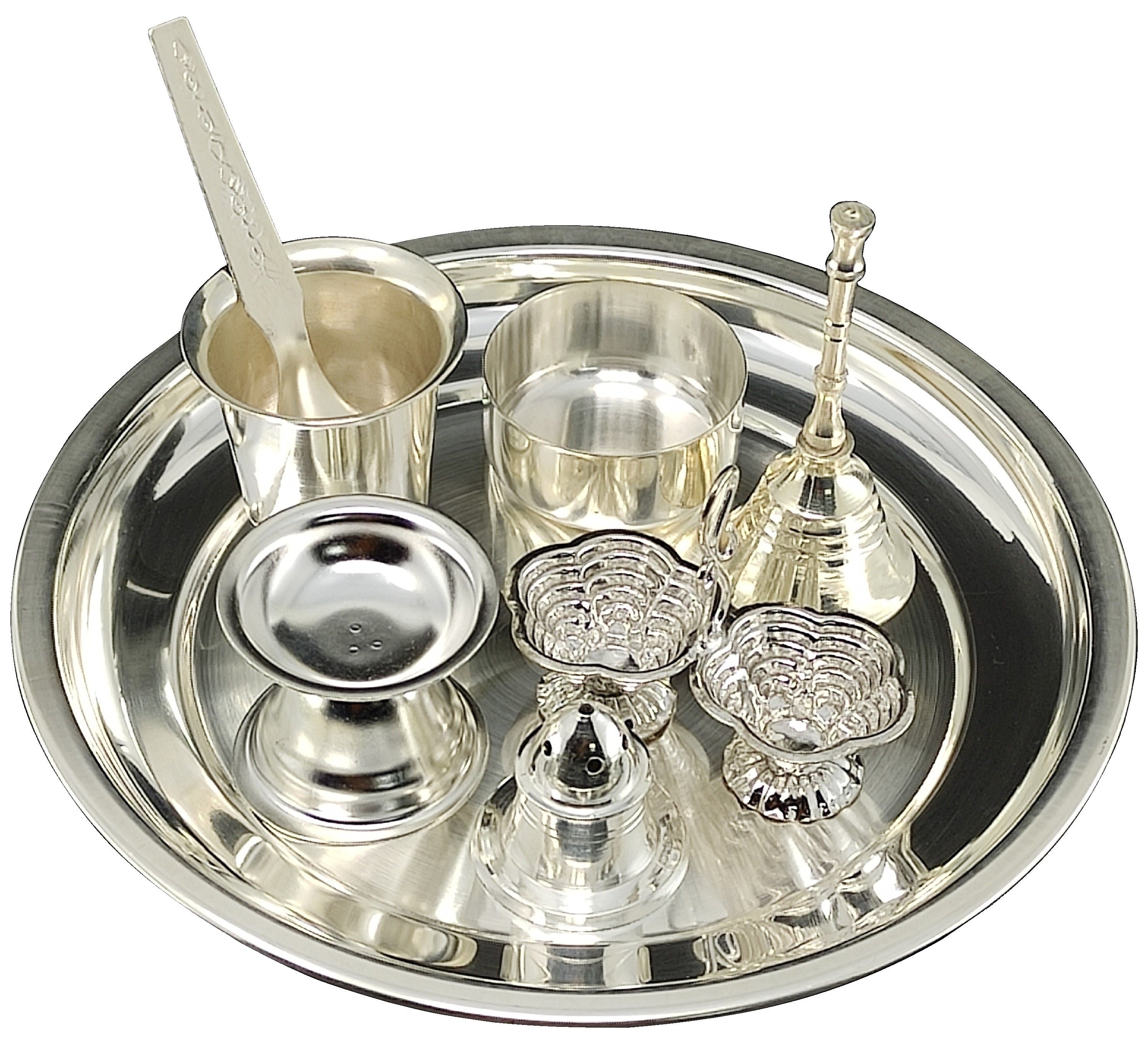 BENGALEN Silver Plated Pooja thali Set 7 Inch Plate Glash Spoon Diya Kumkum Stand Bowl Agarbatti Stand Daily Puja Thali for Diwali, Home, Temple, Office, Wedding Return Gift Items