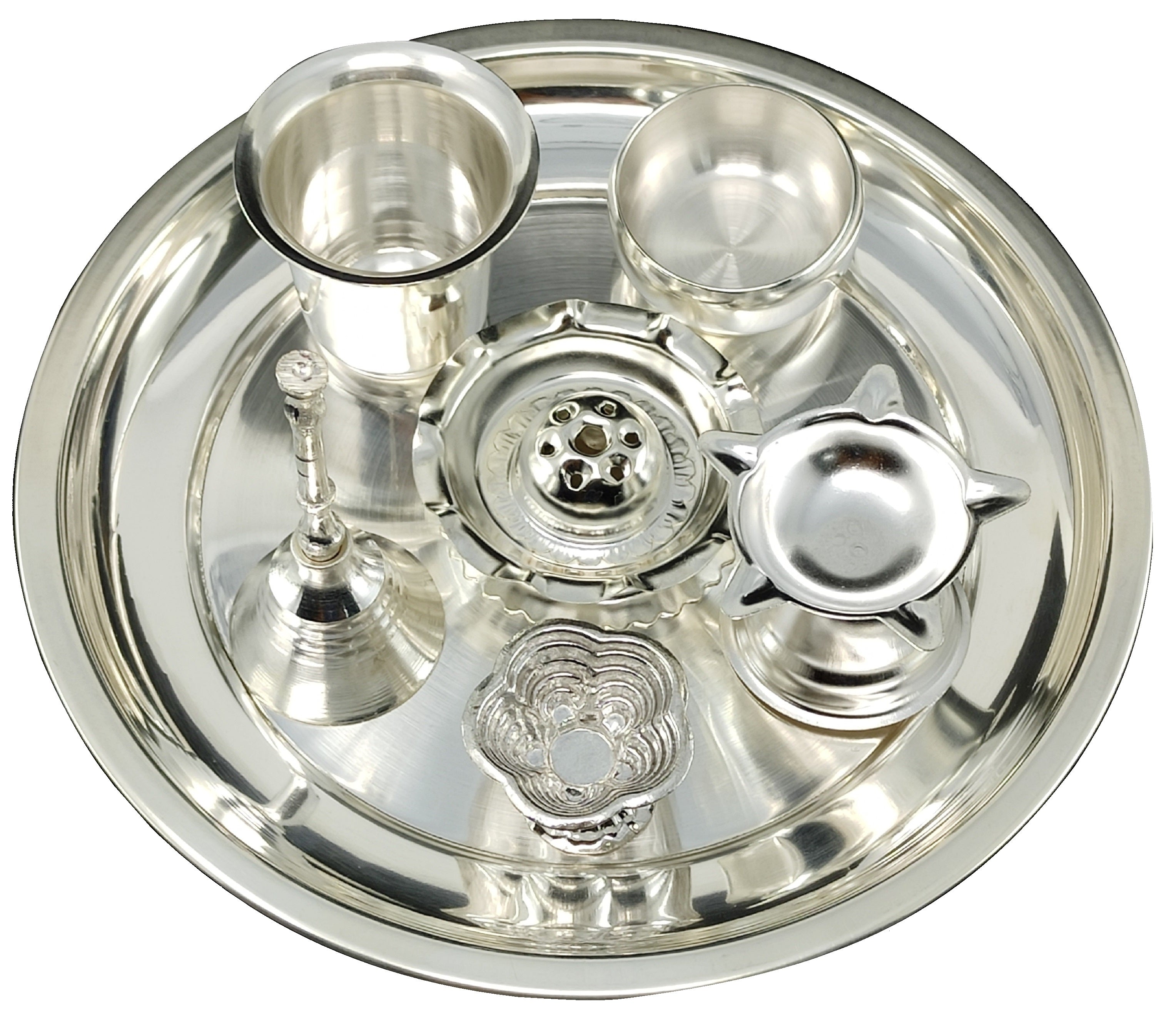 BENGALEN Silver Plated Pooja Thali Set 7 Inch with Plate Diya Glass Bowl Dhup Dan Ghanti Kumkum Holder Puja Decorative Items for Home Mandir Office Wedding Return Gift Items