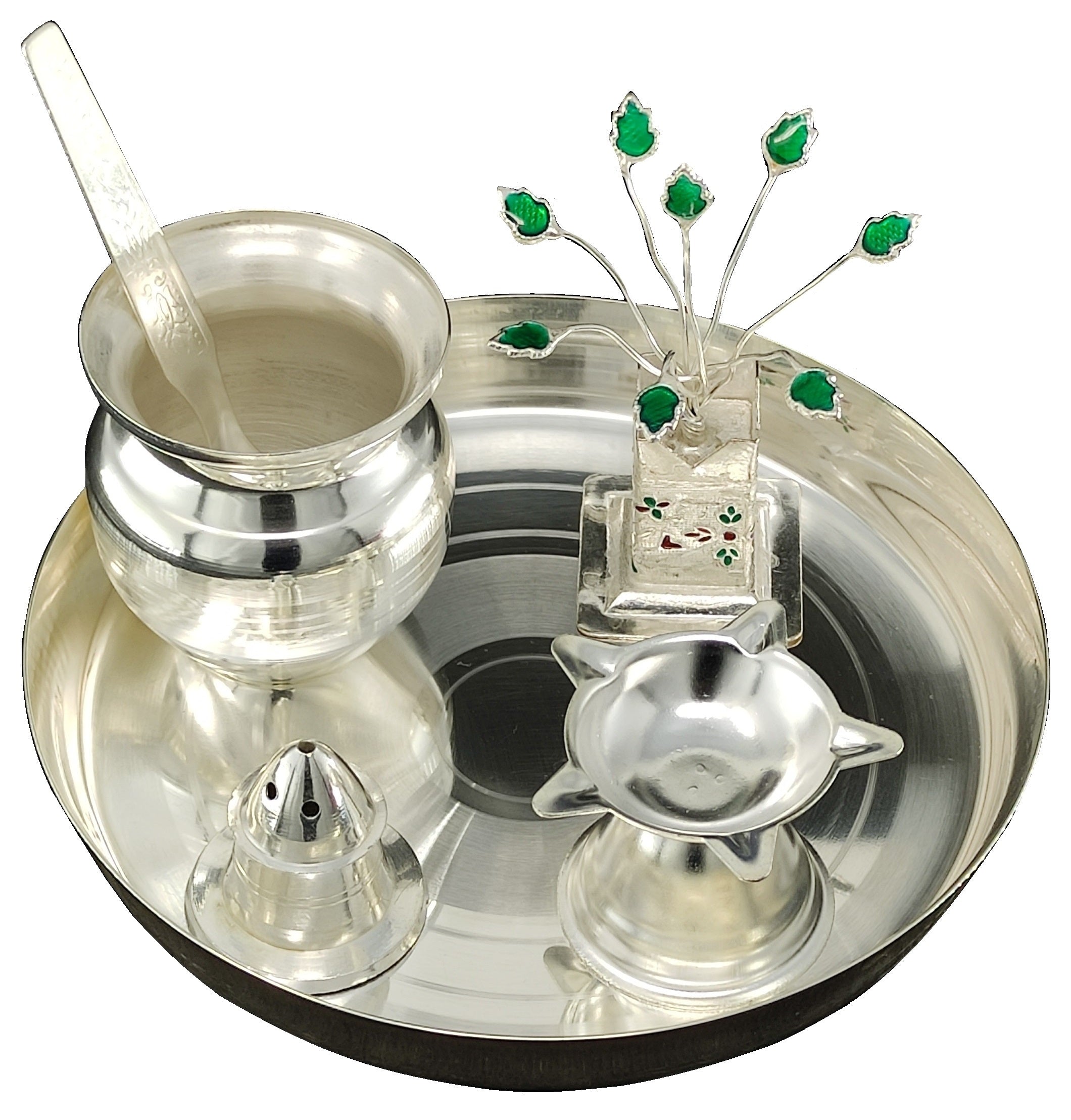 BENGALEN Silver Plated Pooja Thali Set 6 Inch Plate Agarbatti Stand Kalash Spoon Tulsi Idol Diya Premium Puja Decorative Items for Home Mandir Office Wedding Return Gift Items