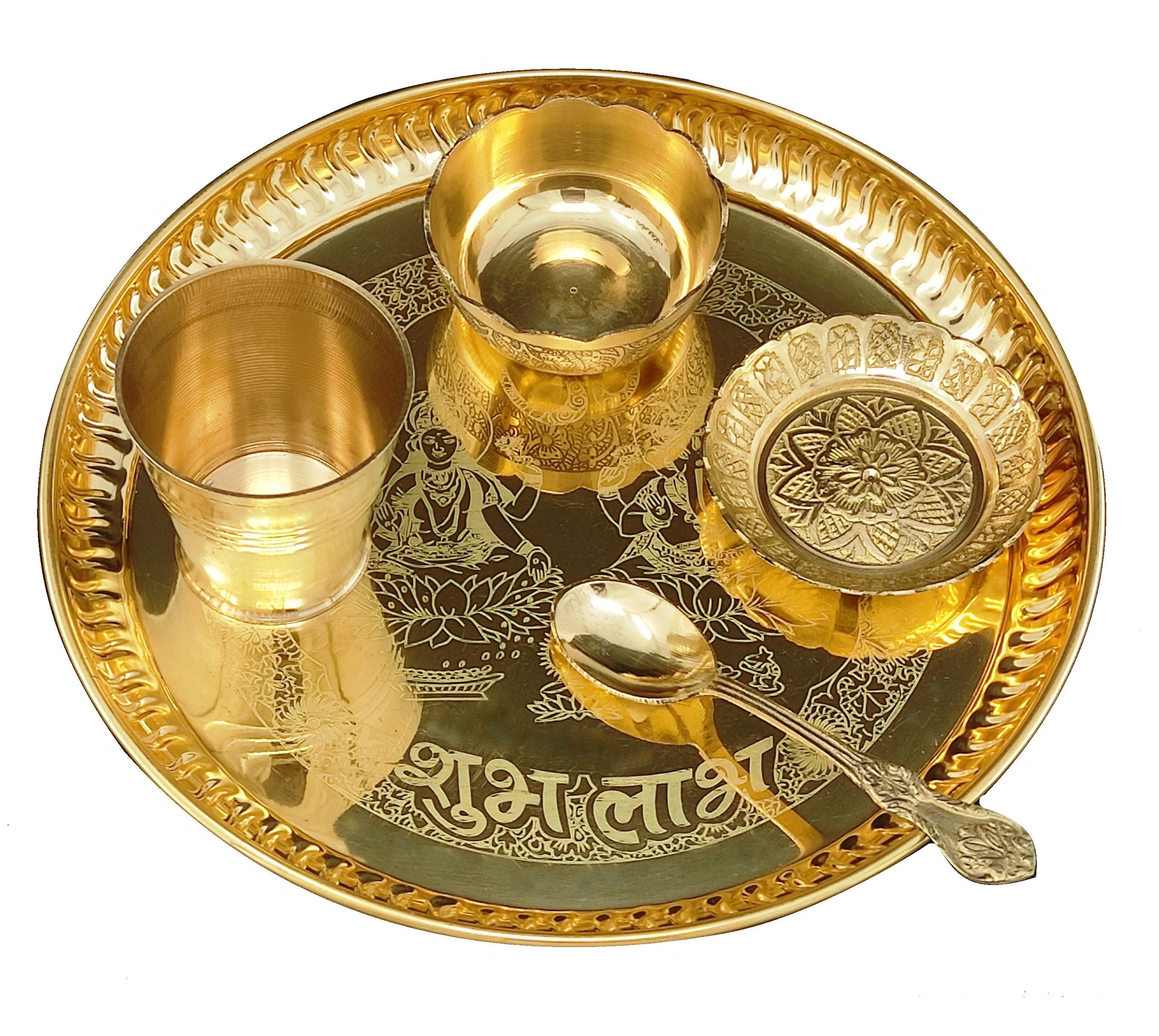 Bengalen Brass Ganesh Lakshmi Bhog thali Pooja Set 8 Inch with Pital Plate Glass Spoon Prasad Bowls Puja Thali for Diwali Home Mandir Office Wedding Return Gift Items