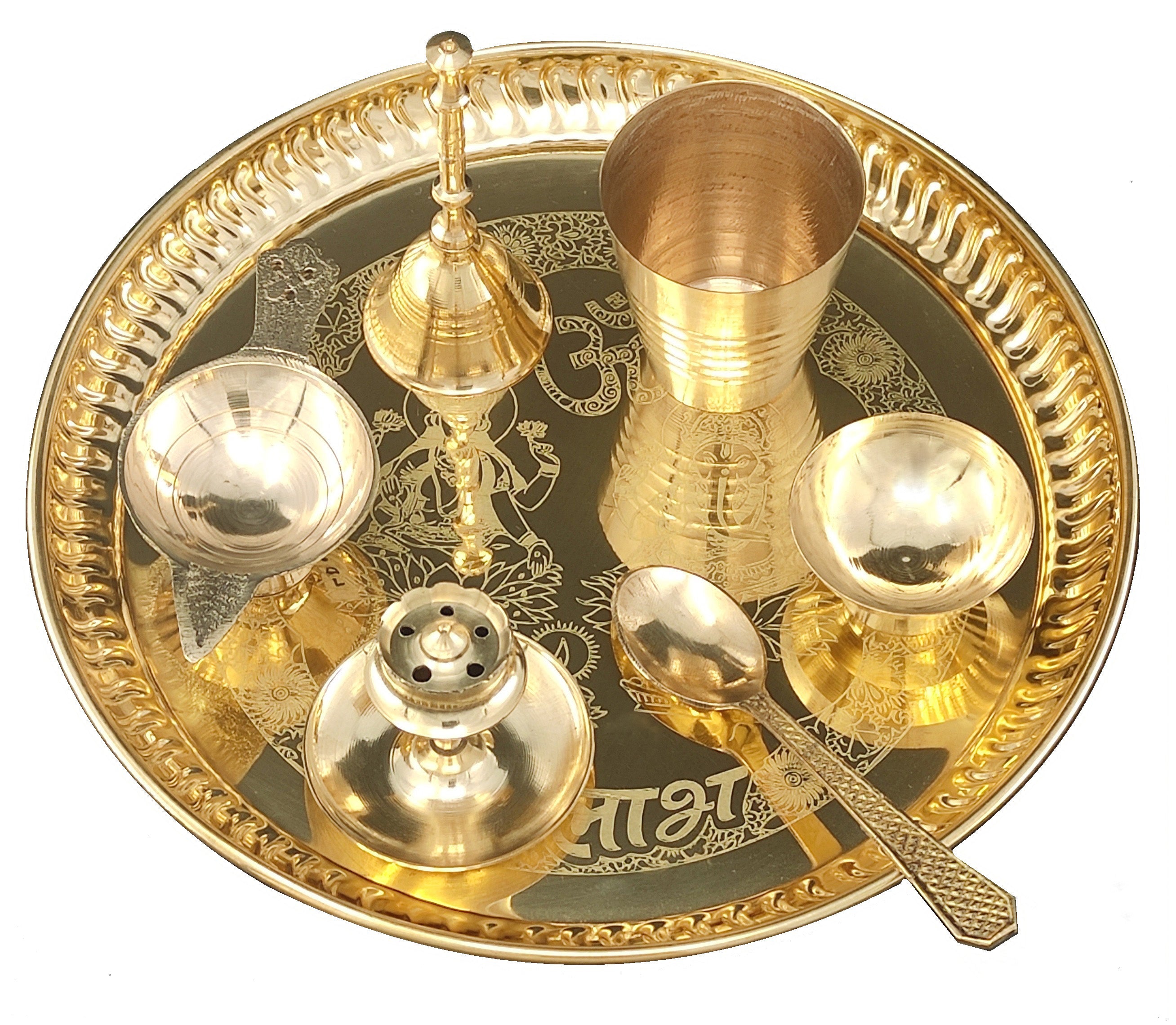 Bengalen Brass Pooja thali Set 8 Inch with Pital Plate Agarbatti Stand Glass Spoon Ghanti Bowl Diya Puja Thali for Diwali Home Mandir Office Wedding Return Gift Items