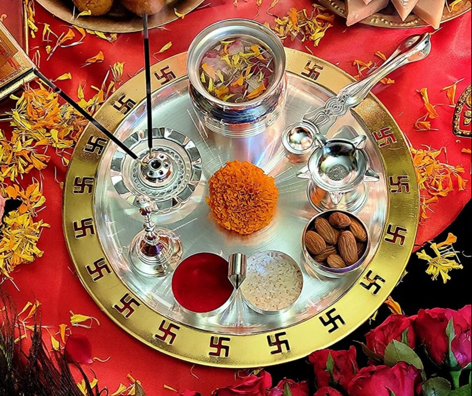 Bengalen Premium Gold and Silver Plated Puja Thali Set 9 Inch Festival Ethnic Pooja Thali for Home Temple Office Wedding Return Gift Items