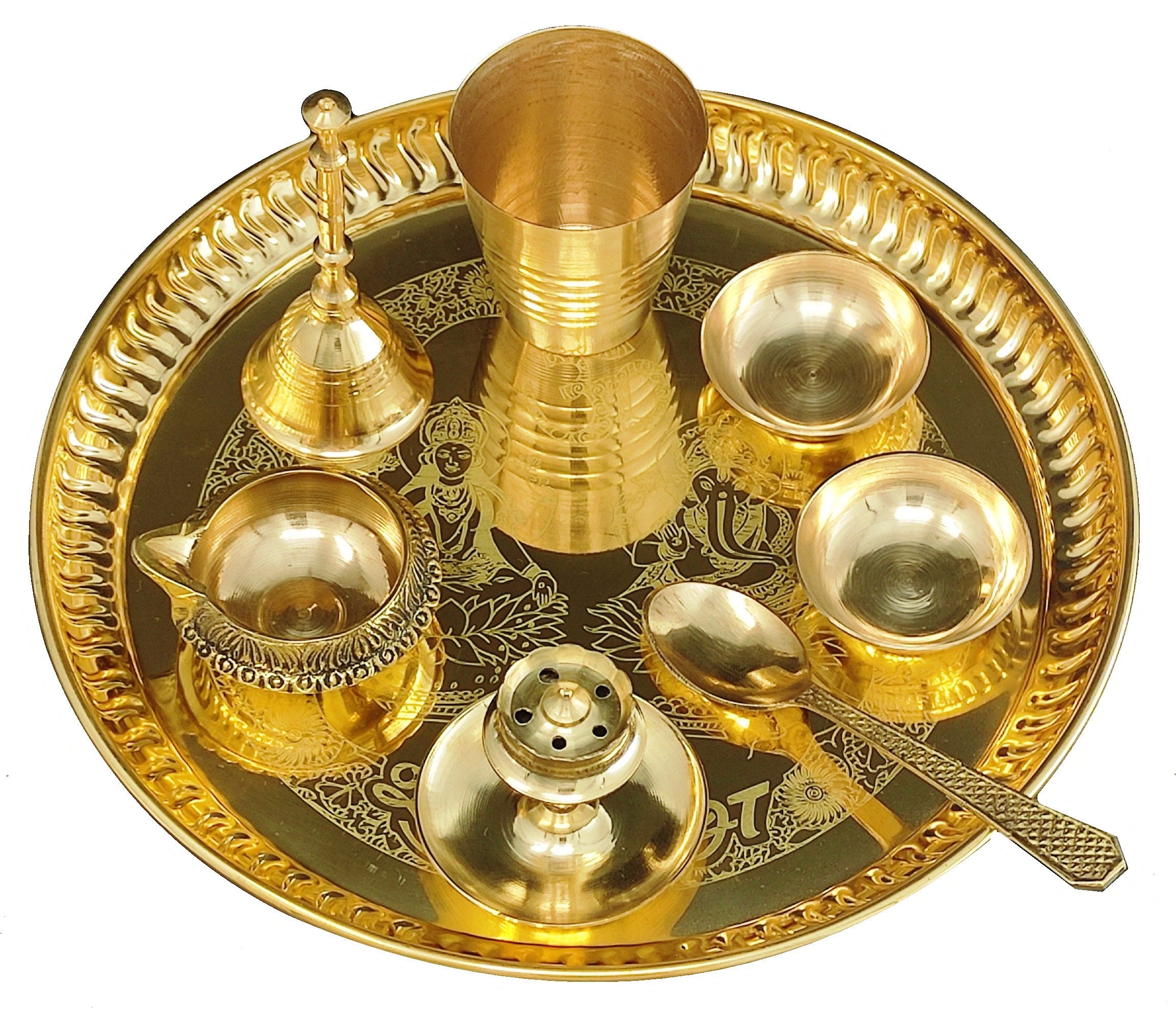 Bengalen Brass Pooja thali Set 8 Inch with Pital Plate Glass Spoon Ghanti Bowl Kuber Diya Agarbatti Stand Puja Thali for Diwali Home Mandir Office Wedding Return Gift Items