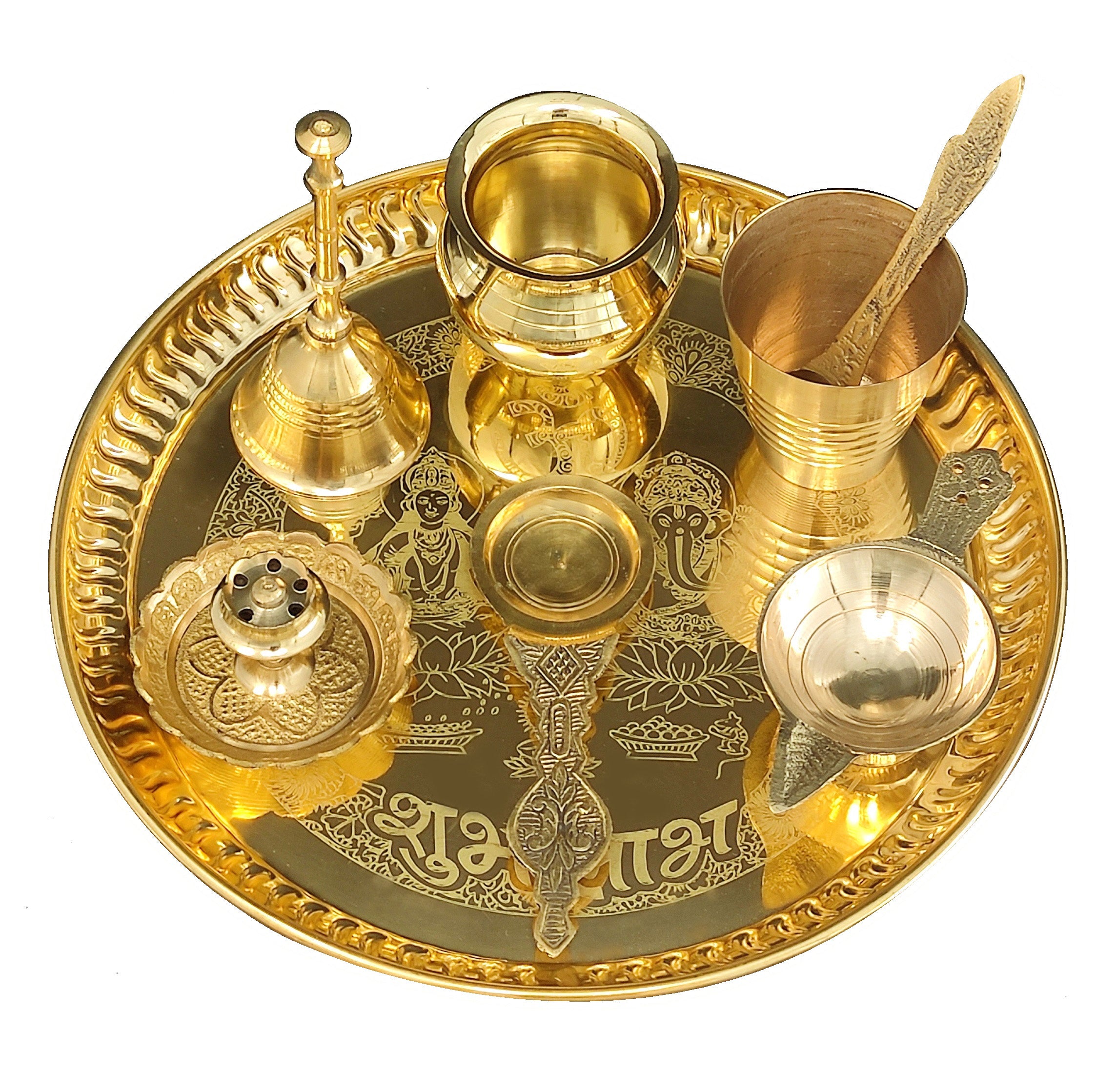 Bengalen Brass Pooja thali Set 8 Inch with Pital Plate Glass Kalash Spoon Ghanti Bowl Agarbatti Stand Kuber Diya Puja Thali for Diwali Home Mandir Office Wedding Return Gift Items