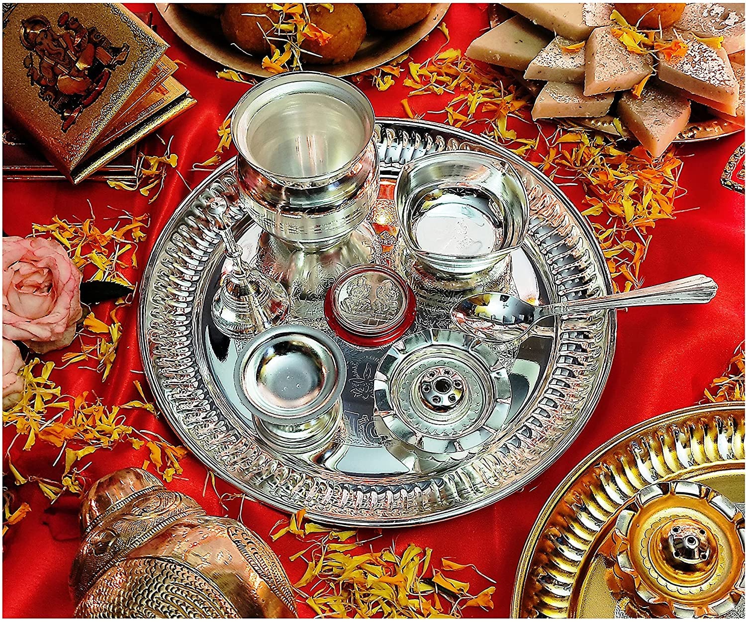 Bengalen Silver Plated Puja Thali Set 08 Inch with Coin Pooja Thali Items for Diwali, Home, Temple, Office, Wedding Return Gift