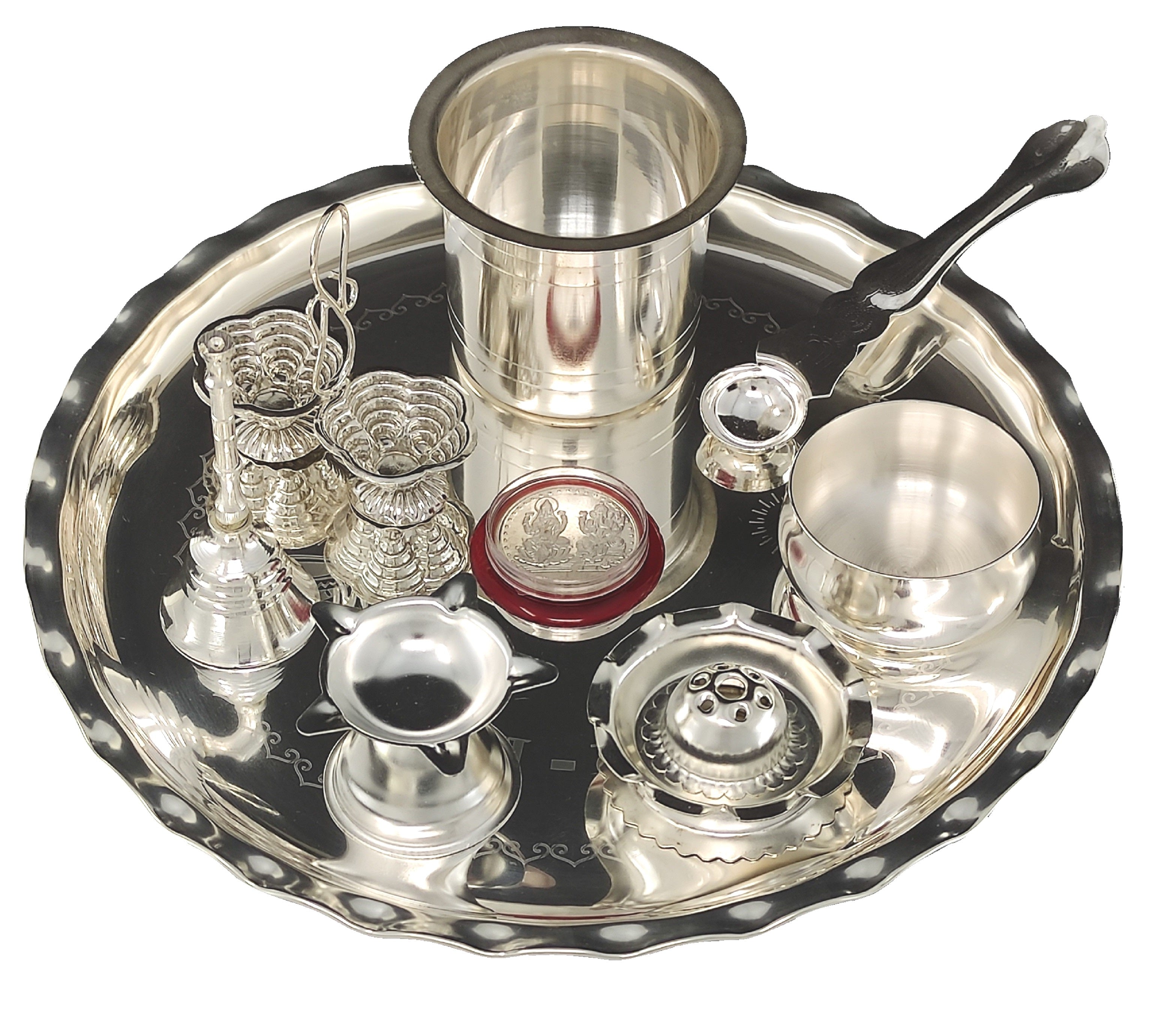 Bengalen Silver Plated Pooja thali Set 9.5 Inch with Plate Diya Haldi Kumkum Stand Panchapatra Palli Bowl Dhup Dan Ghanti Puja Thali for Home Mandir Office Diwali Wedding Return Gift Items