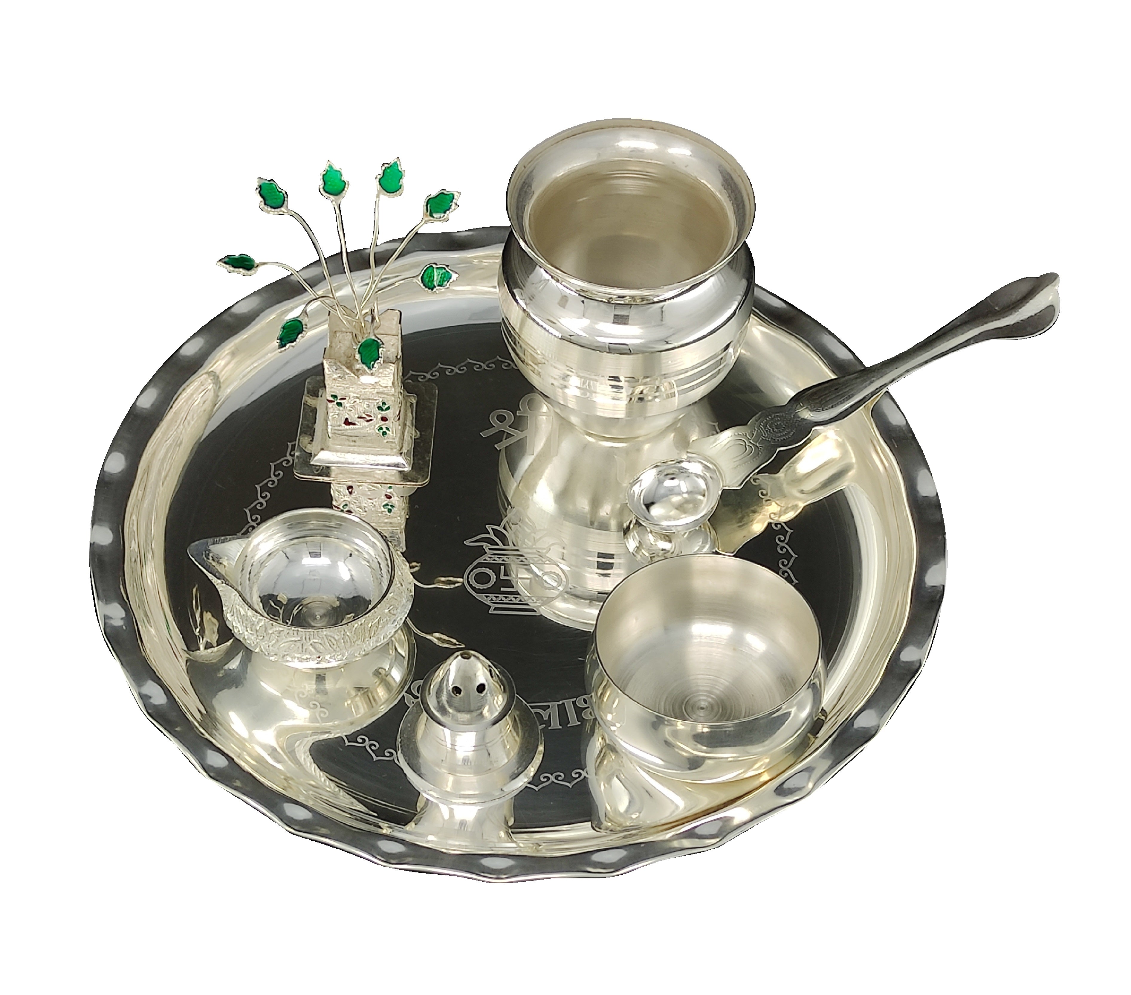 Bengalen Silver Plated Pooja thali Set 8 Inch with Plate Bowl Loti Palli Agarbatti Stand Kuber Diya Tulsi Idol Puja Thali for Diwali Home Mandir Office Wedding Return Gift Items